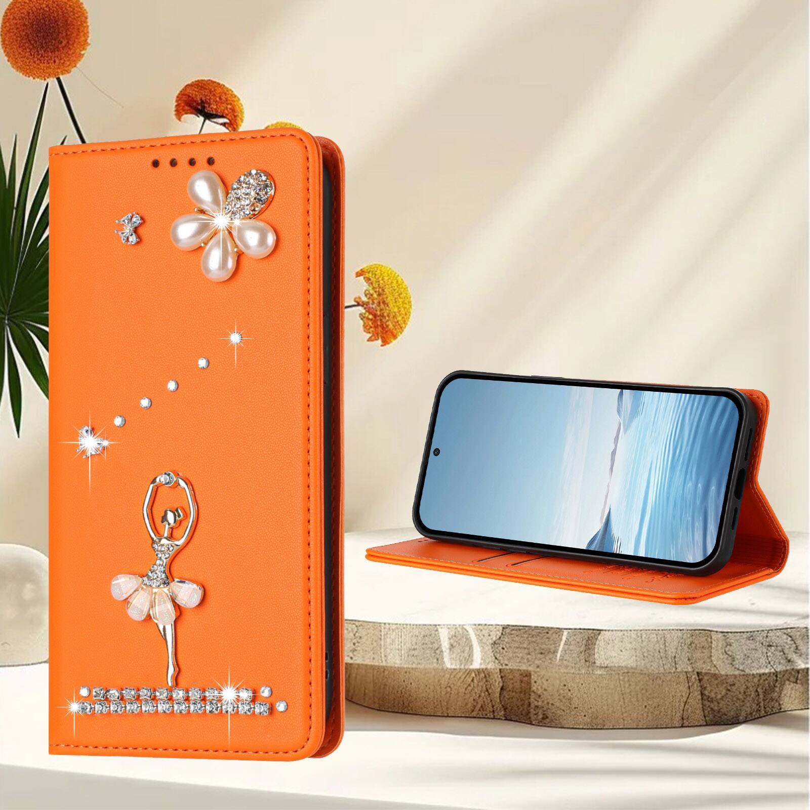 Left. Dteck - 3D Bling Ballerina Wallet Case for Google Pixel 10 Pro, RFID Blocking PU Leather Flip Cover with Card Slots - Orange.