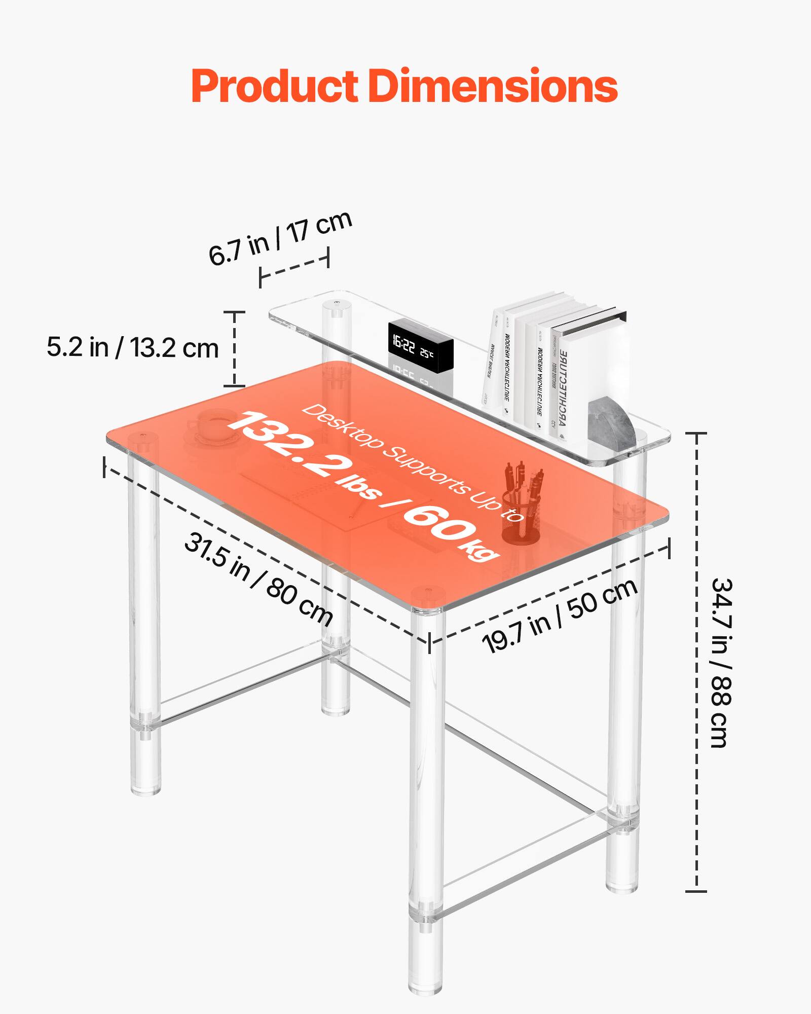 Product Dimensions:  
- Width: 17 cm (6.7 in)  
- Depth: 13.2 cm (5.2 in)  
- Height: 80 cm (31.5 in)  
- Shelf Height: 50 cm (19.7 in)  
- Overall Height: 88 cm (34.7 in)  

Supports Up to: 132.2 lbs (60 kg)