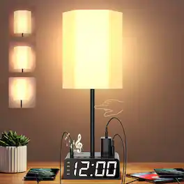 Dazzed Corner - Table Lamp Alarm Clock with USB Ports and AC Outlet, Dimmable Nightstand Lamp - Black