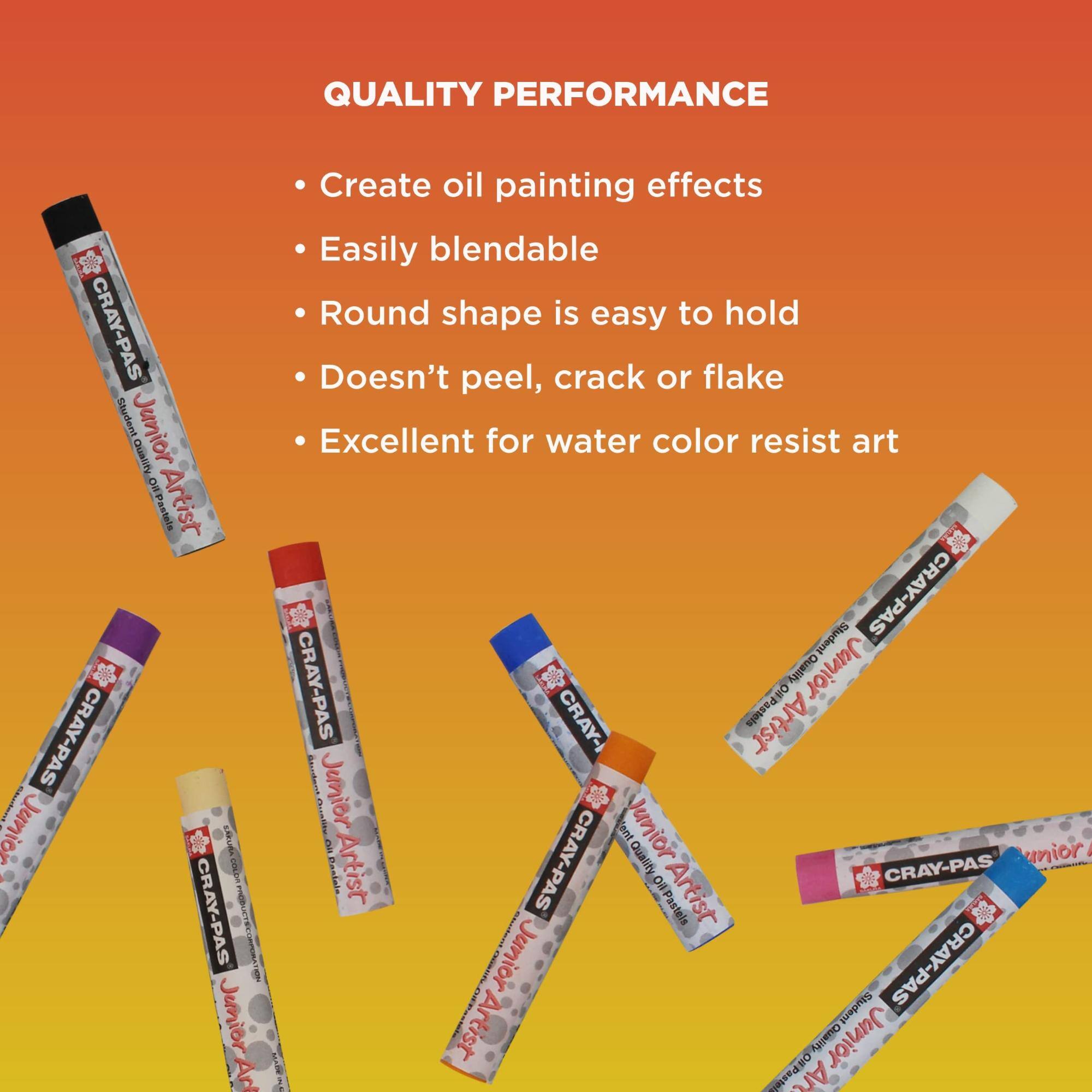 QUALITY PERFORMANCE

CRAY-PAS Student Junior Quality Oil-Pastels Artist  
CRAY-PAS Junior  
SAKURA COCOR  
CRAY-PAS CORPORA  
Jemier Art

Create oil painting effects  
Easily blendable  
Round shape is easy to hold  
Doesn't peel, crack or flake  
Excellent for water color resist art  
Student  
CRAY-PAS  
CRAY-PAS  
CRAY- Oil-Pastels Quality Janior  
Quality Junior  
CRAY-PAS ent Junior  
Quality unier 1  
Oil Pastele Artist  
Oil Pastels Artist  
CRAY-PAS Junior  
Student  
CRAY-PAS  
Artist Oil Pastel  
Quality Junior