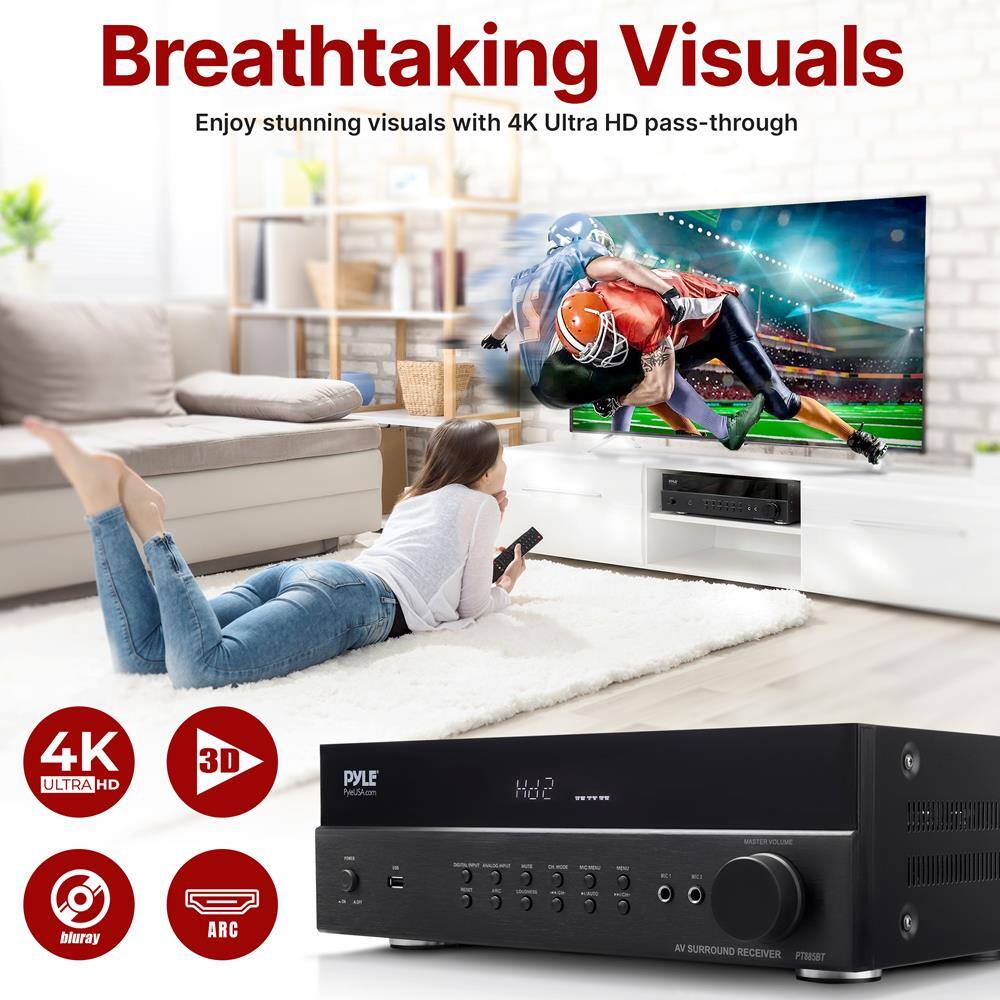 Breathtaking Visuals  
Enjoy stunning visuals with 4K Ultra HD pass-through  

4K Ultra HD  
3D  
blu-ray  
ARC  

PYLE  
AV SURROUND RECEIVER  
P78887