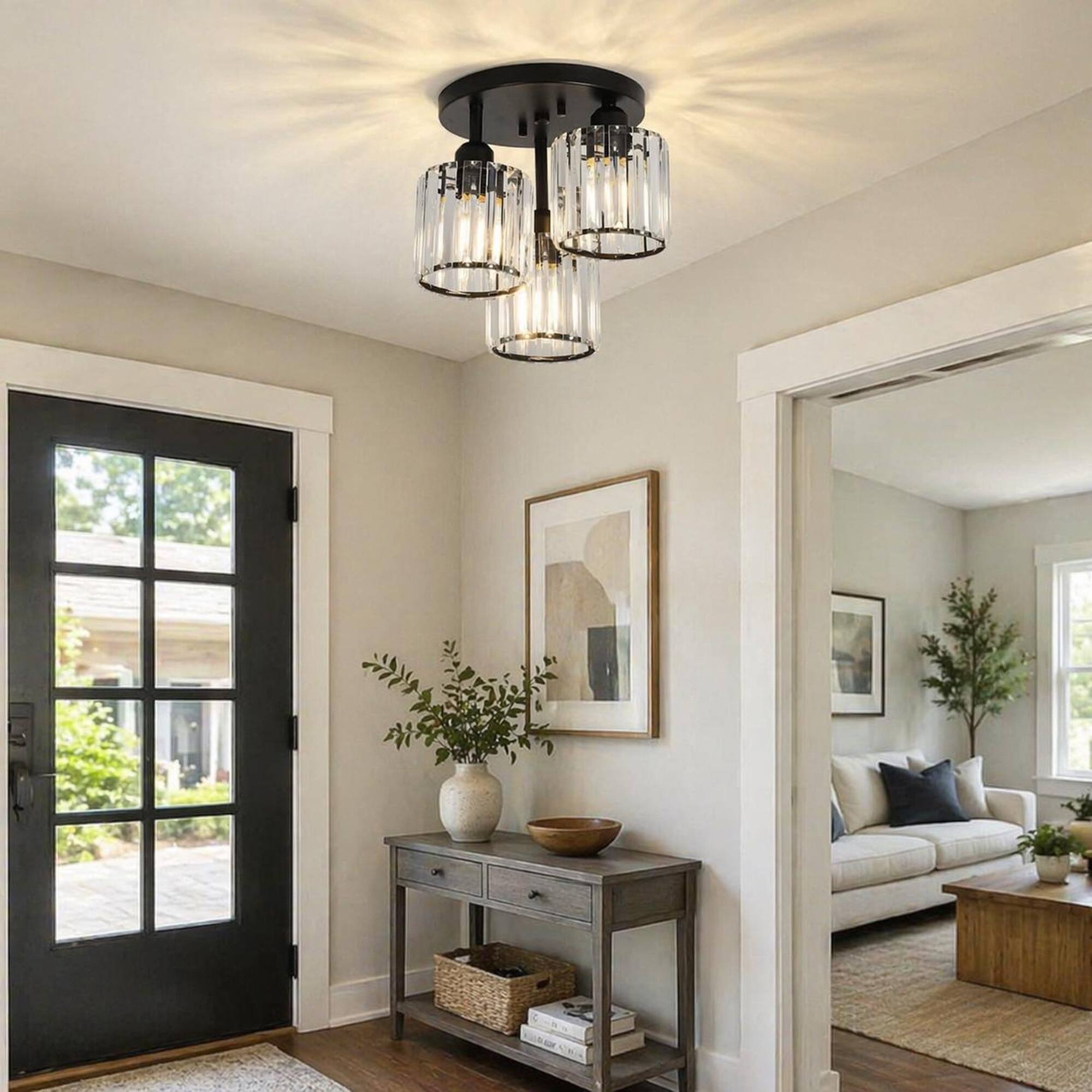 Alt View 2. RYHNUYNE - 3-Light Semi Flush Mount Ceiling Fixture with Clear Crystal Accents, Modern Close-to-Ceiling Black Metal Design.