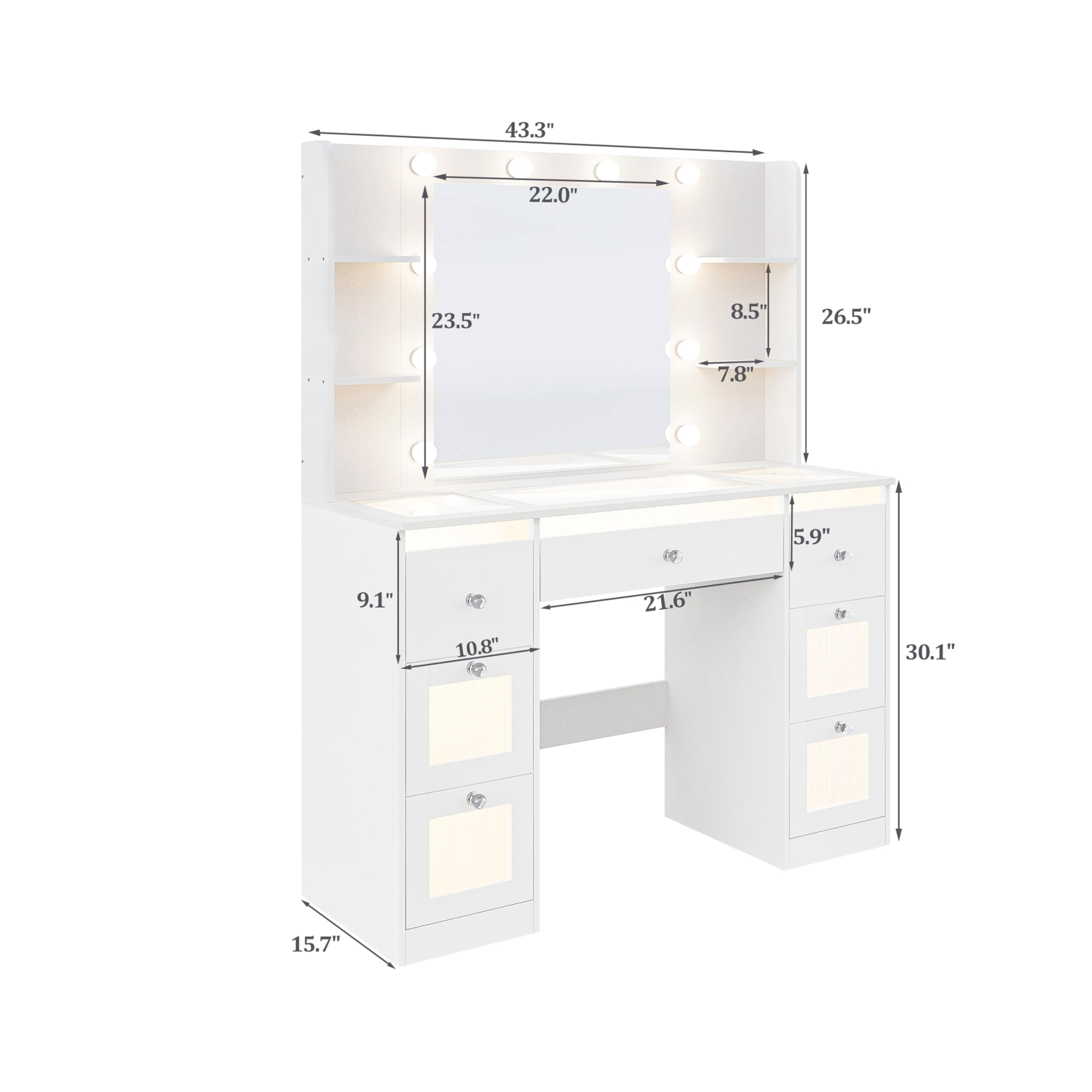 43.3" 22.0" 23.5" 8.5" 26.5" 7.8" 5.9" 9.1" 10.8" 21.6" 30.1" 15.7"