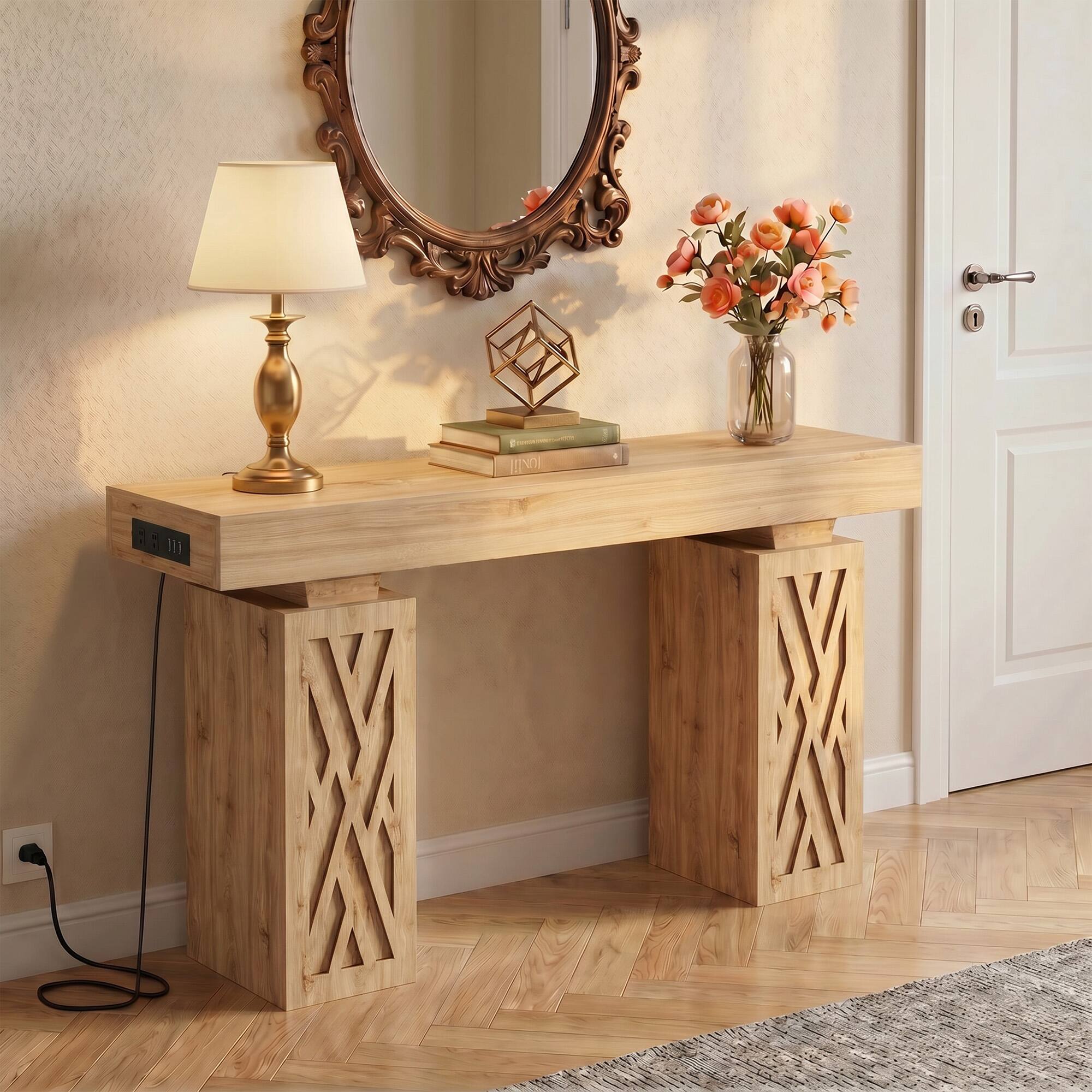 Aheaplus - 63'' Farmhouse Console Table with Charging Station and LED Lights - Nature Oak