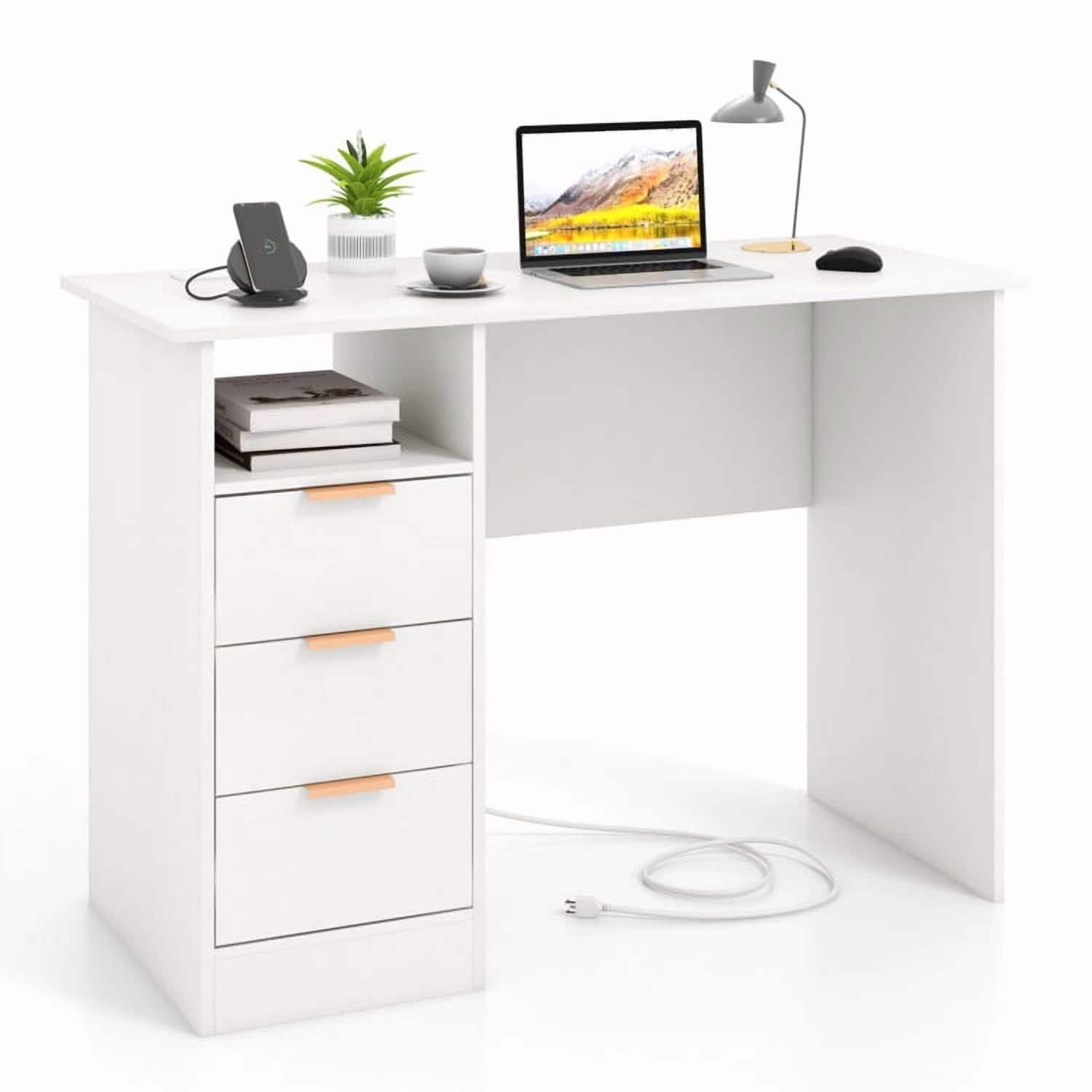 Pefilos - Home Office Desk with Power Outlet 3 Storage Drawers & Open Compartment- Office Desk, Desks, Working, Writing - White