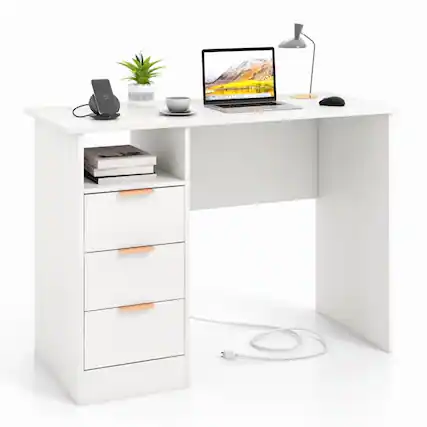 Front. Pefilos - Home Office Desk with Power Outlet 3 Storage Drawers & Open Compartment-White, Office Desk, Desks, Working, Writing - White.