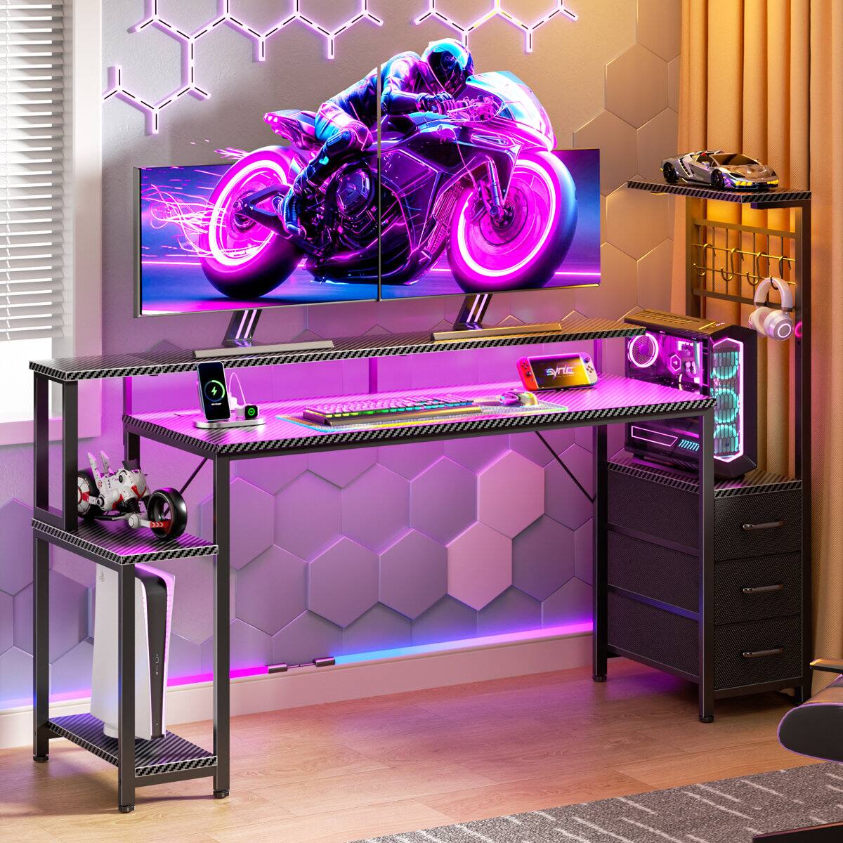 Alt View 1. Furnulem - 63 Inch Gaming Desk with Power Outlets Fabric Drawers CPU Stand LED Lights  Hooks for Home Office - Black.