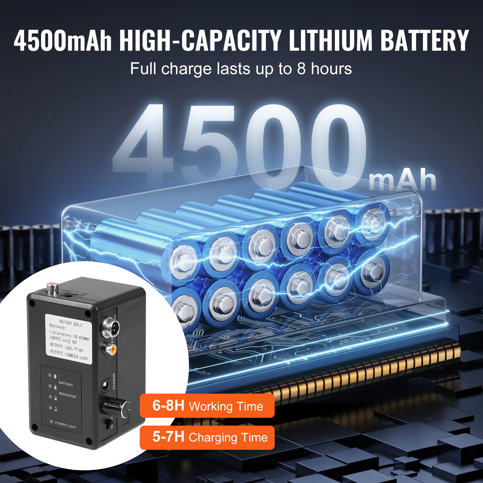 4500mAh HIGH-CAPACITY LITHIUM BATTERY  
Full charge lasts up to 8 hours  
4500 mAh  

6-8H Working Time  
5-7H Charging Time