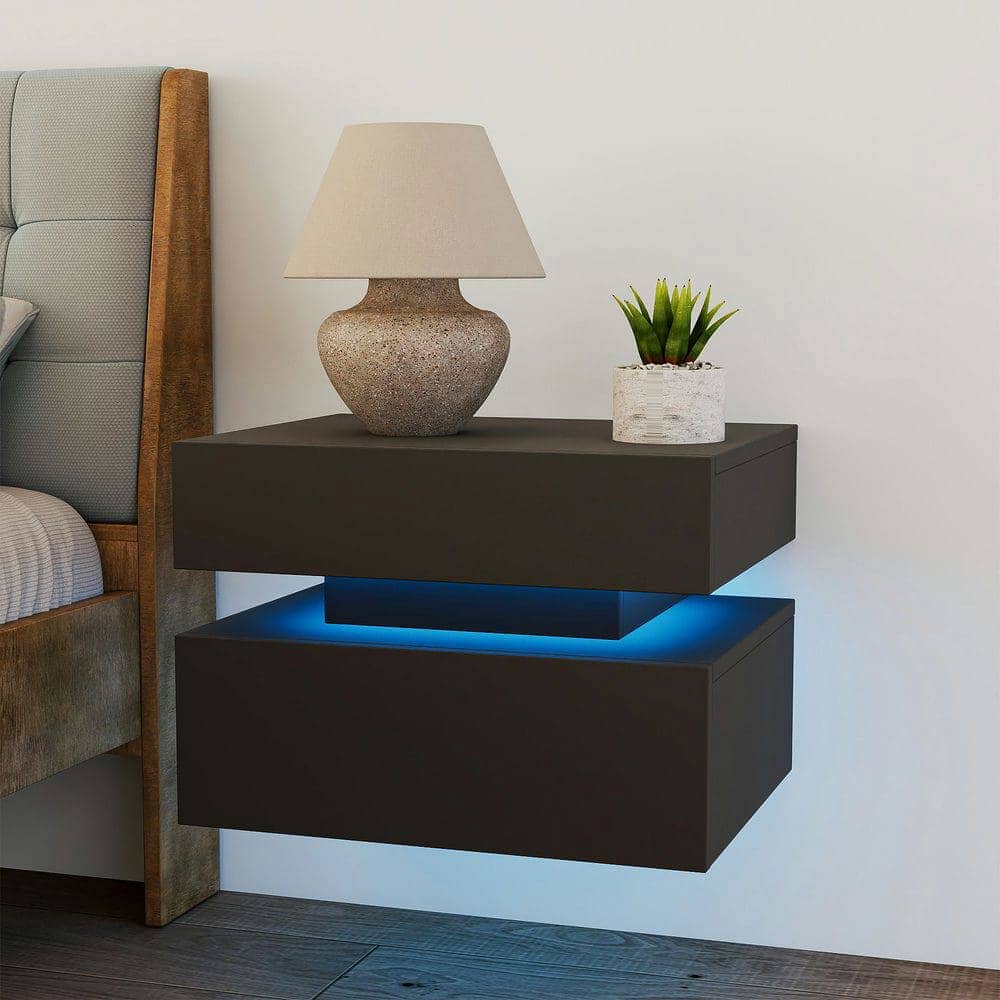 Kadyn - Wall-Mounted LED Nightstand with 2 Drawers and 3 Light Modes for Bedroom - Black