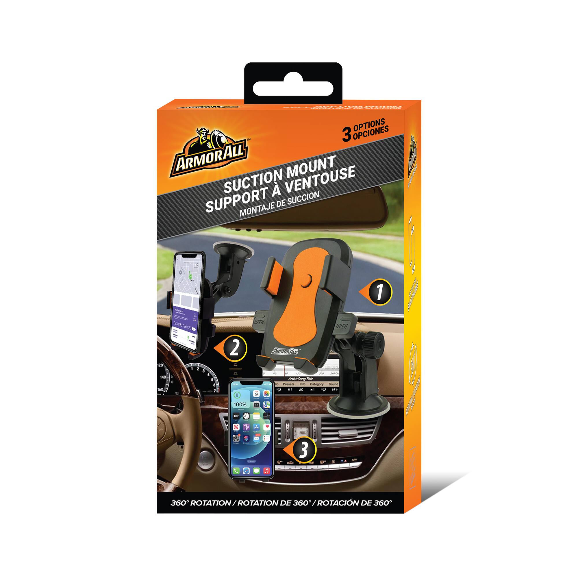 3 OPTIONS 3 OPCIONES E ARMORALL ALL MOUNT SUCTION A VENTOUSE SUPPORT DE SUCCION MONTAJE DE 360+ ROTATION/ROTATION / DE 360 / ROTACION DE 360+