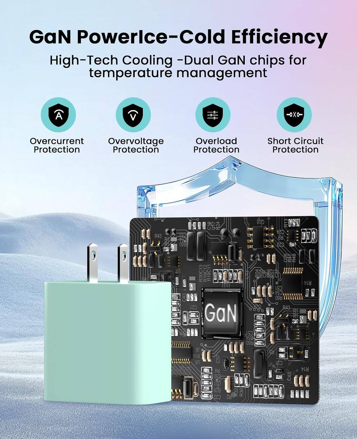 GaN Powerlce-Cold Efficiency  
High-Tech Cooling - Dual GaN chips for temperature management

Overcurrent Protection  
Overvoltage Protection  
Overload Protection  
Short Circuit Protection

018  
R43  
R9  
GaN  
054 R60 R43  
R60  
90  
50 C22  
R2  
R30  
CS!  
C43  
R14