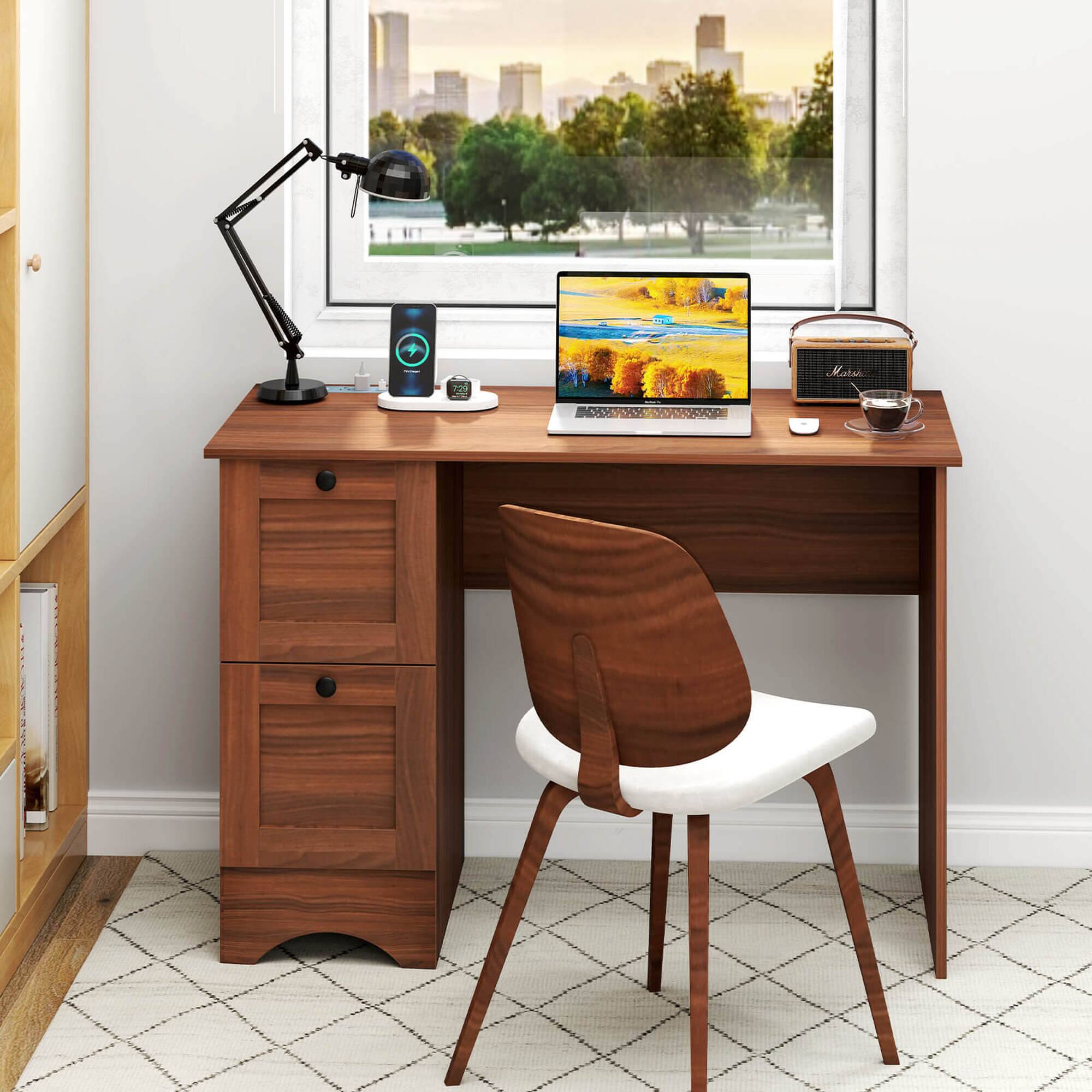 Alt View 1. Costway - Costway 43" Home Office Desk with Charging Station Compact Study Writing Desk Walnut - Walnut.