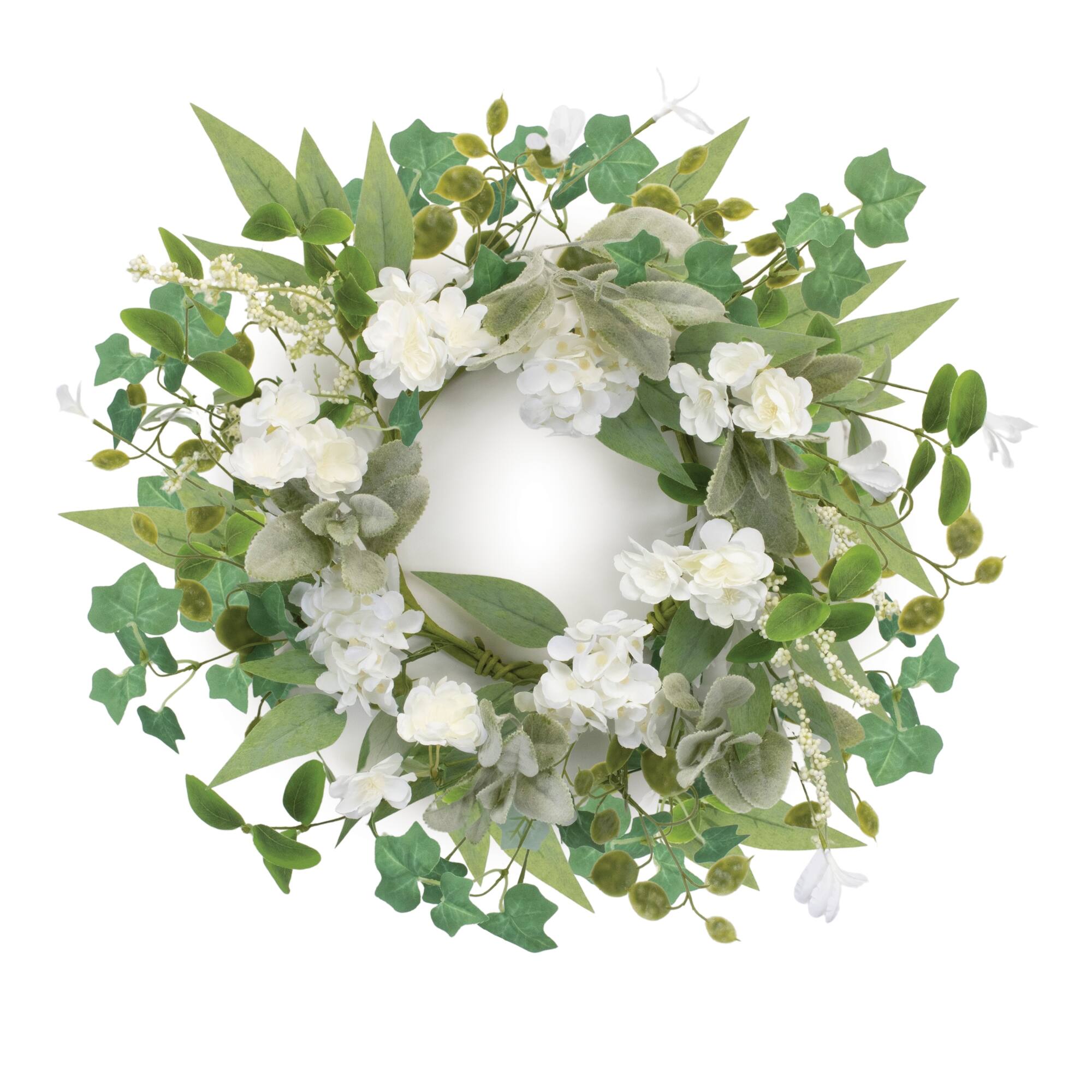Angle. BreeBe - Mixed Floral and Foliage Candle Ring 17.5"D - Green, White.
