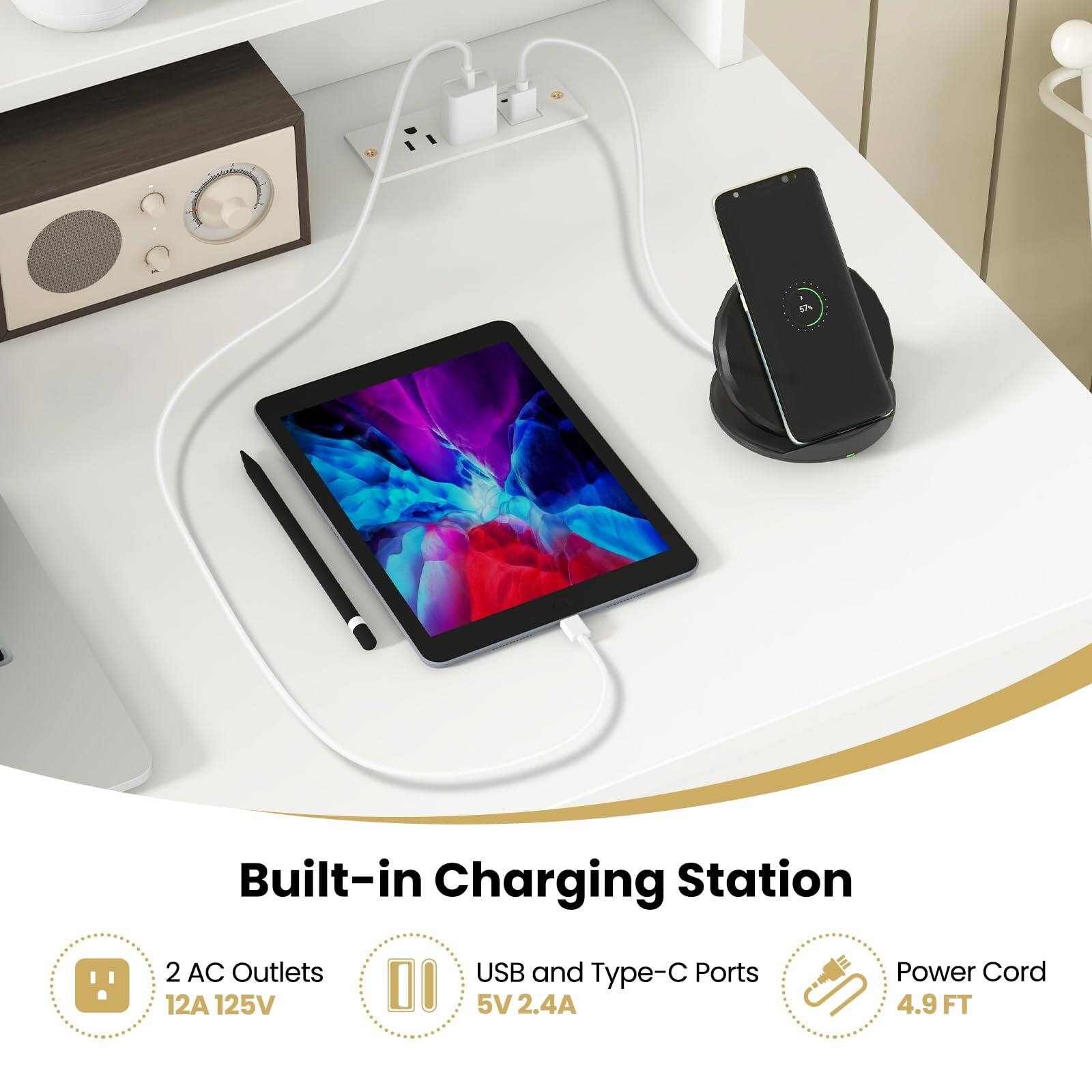 4% Built-in Charging Station  
2 AC Outlets  
USB and Type-C Ports  
Power Cord  
12A 125V  
5V 2.4A  
4.9 FT