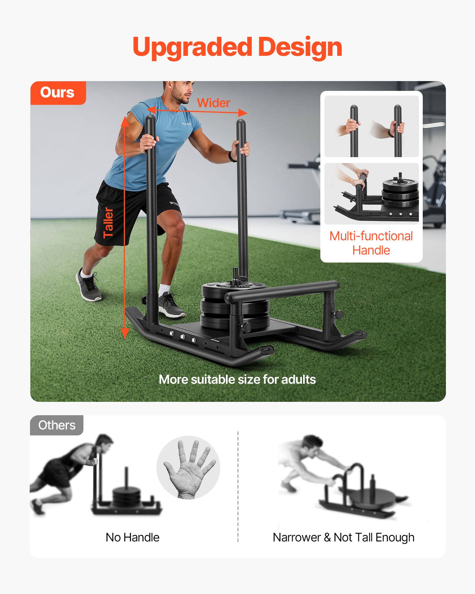 Upgraded Design

Ours
- Wider
- Taller
- Multi-functional Handle
- More suitable size for adults

Others
- No Handle
- Narrower & Not Tall Enough