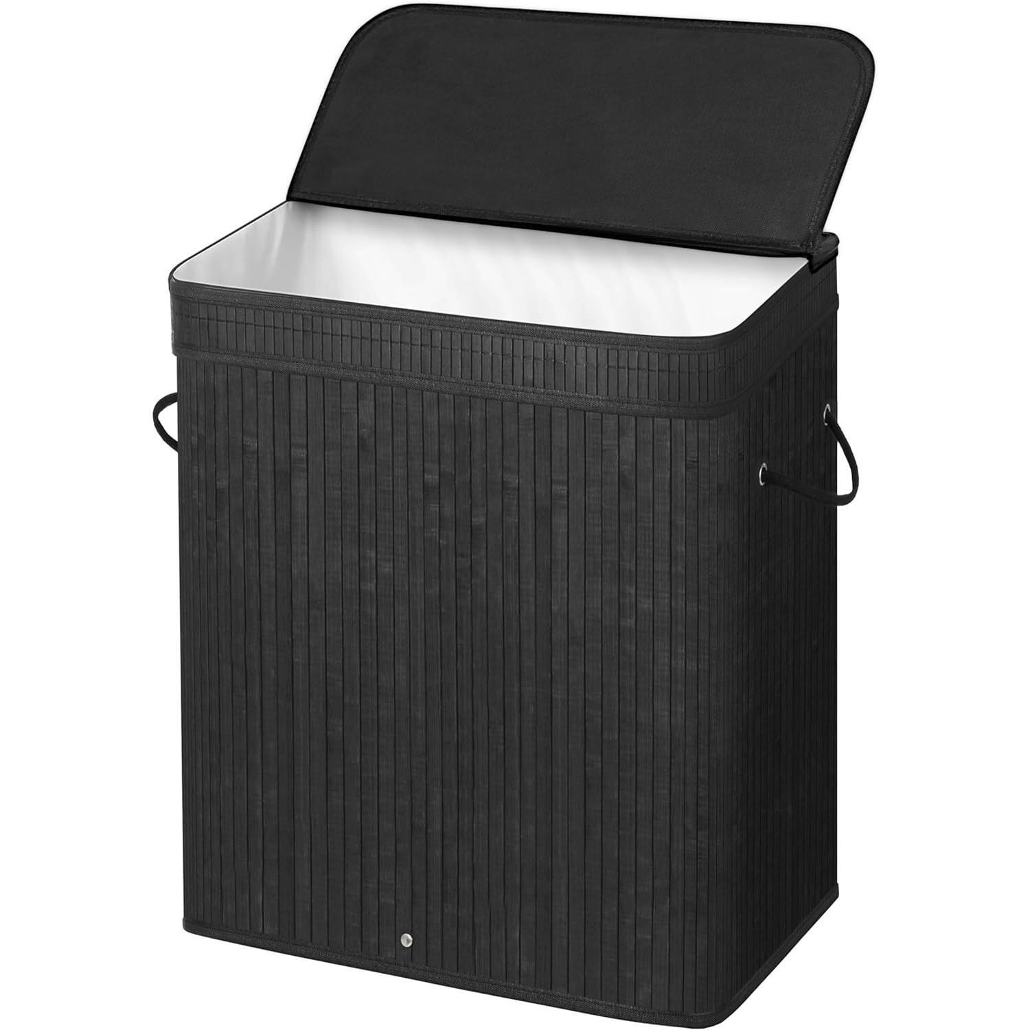 Left. Hivvago - Black Bamboo Wood 26-Gal Laundry Hamper Basket w/ Removable Washable Cotton Bag - Black.