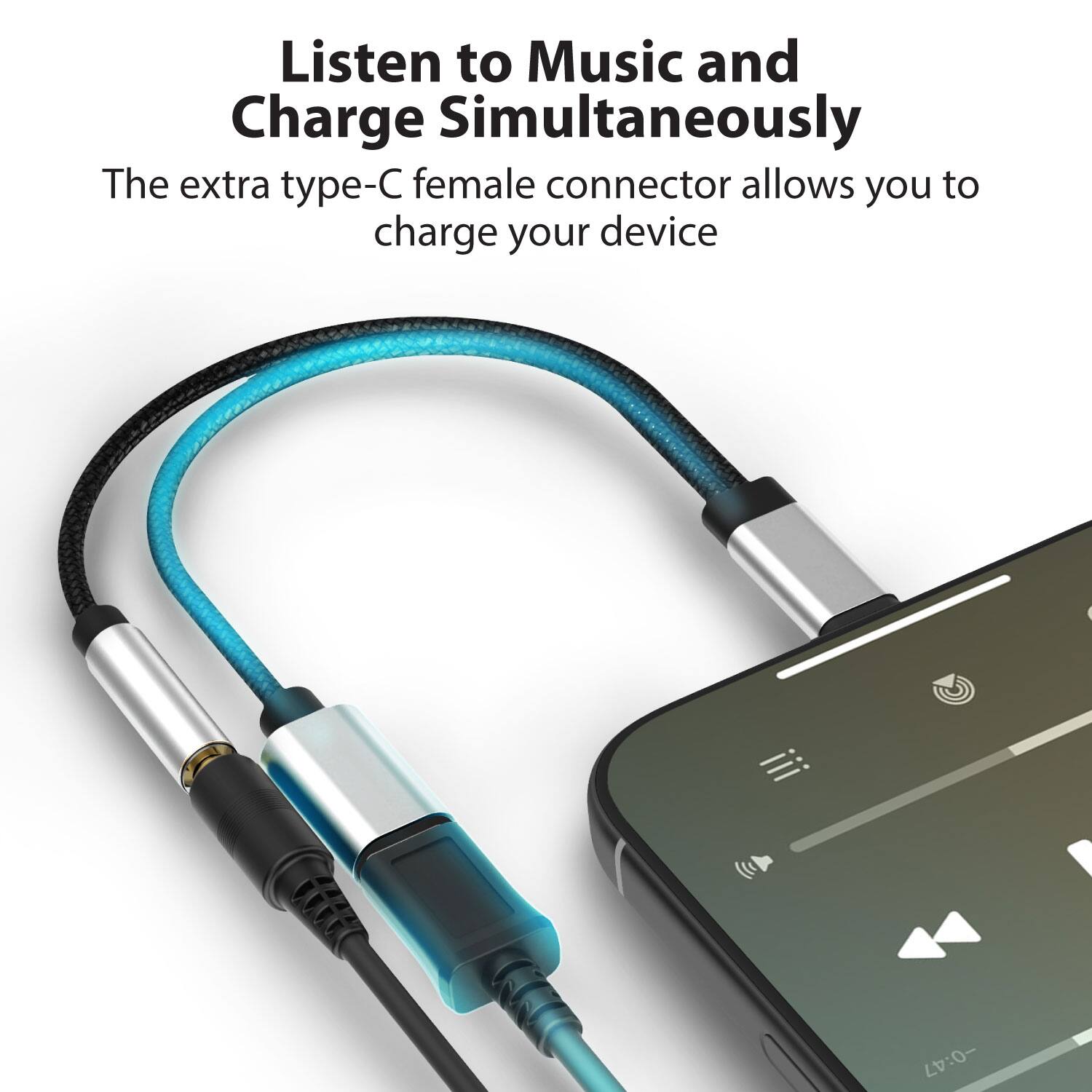 Listen to Music and Charge Simultaneously

The extra type-C female connector allows you to charge your device
