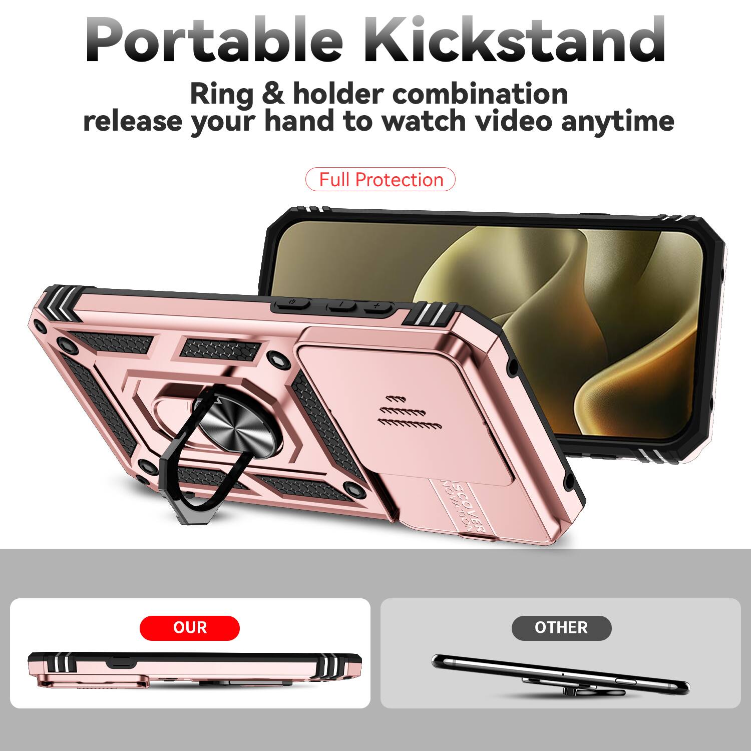 Portable Kickstand  
Ring & holder combination release your hand to watch video anytime  
Full Protection  

SCOVER OUR OTHER