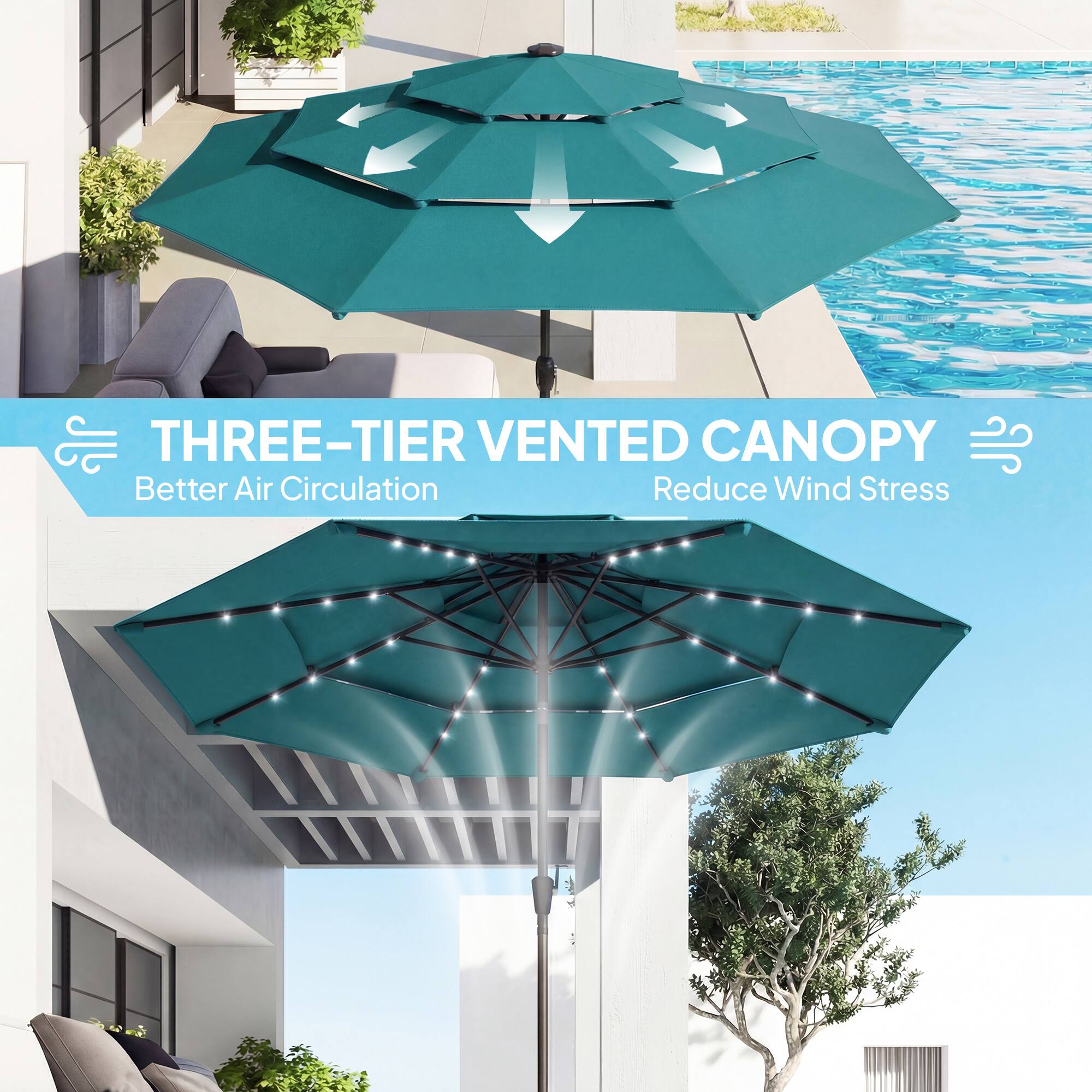 THREE-TIER VENTED CANOPY  
Better Air Circulation  
Reduce Wind Stress