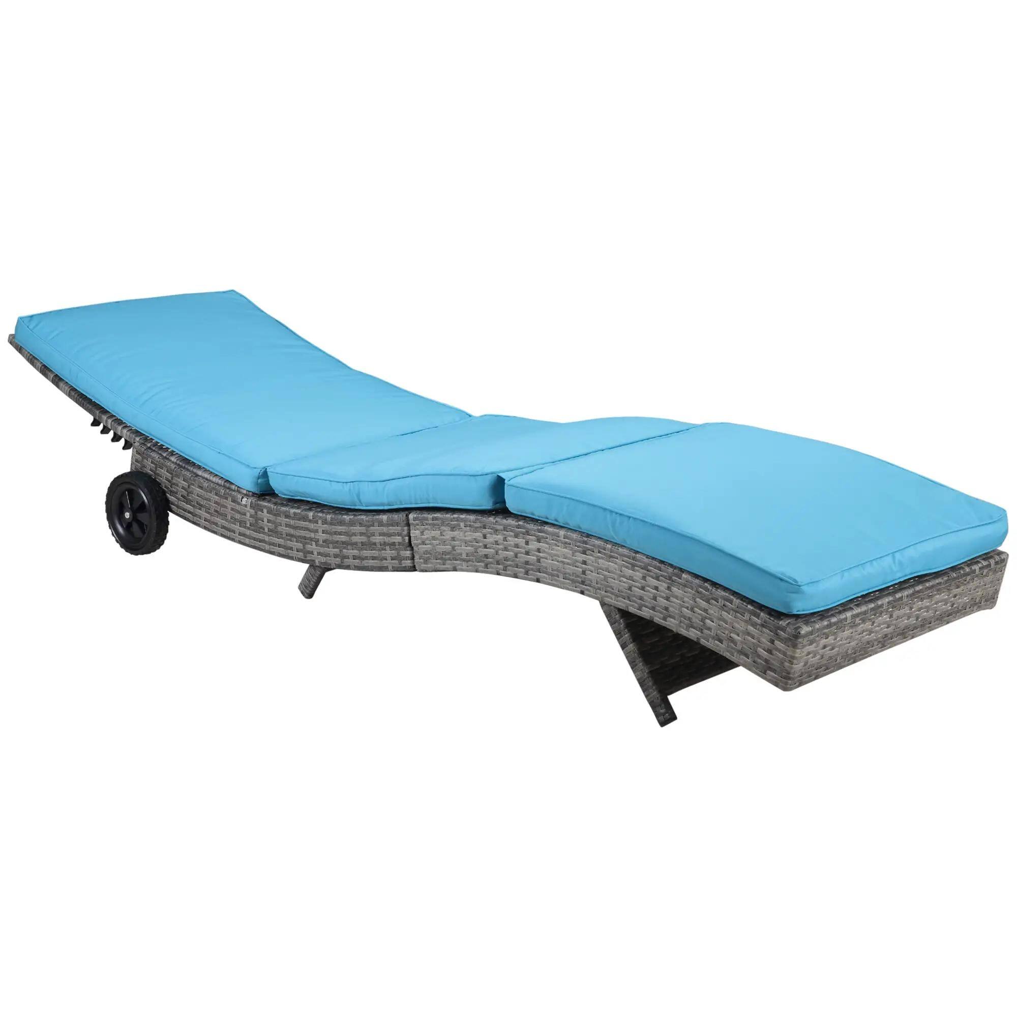 Angle. Resenkos - Resenkos Chaise Lounger With 5-Level Backrest Adjustment, Cushioned Patio Sun Lounger, Easy-Moving Wheels, Sky Blue - Sky Blue.