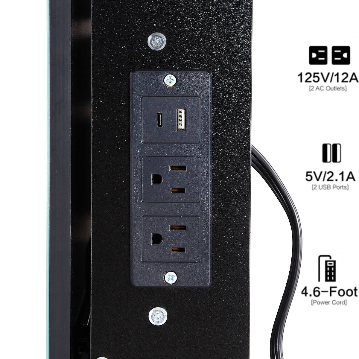 125V/12A (2 AC Outlets)  
5V/2.1A (2 USB Ports)  
4.6-Foot (Power Cord)