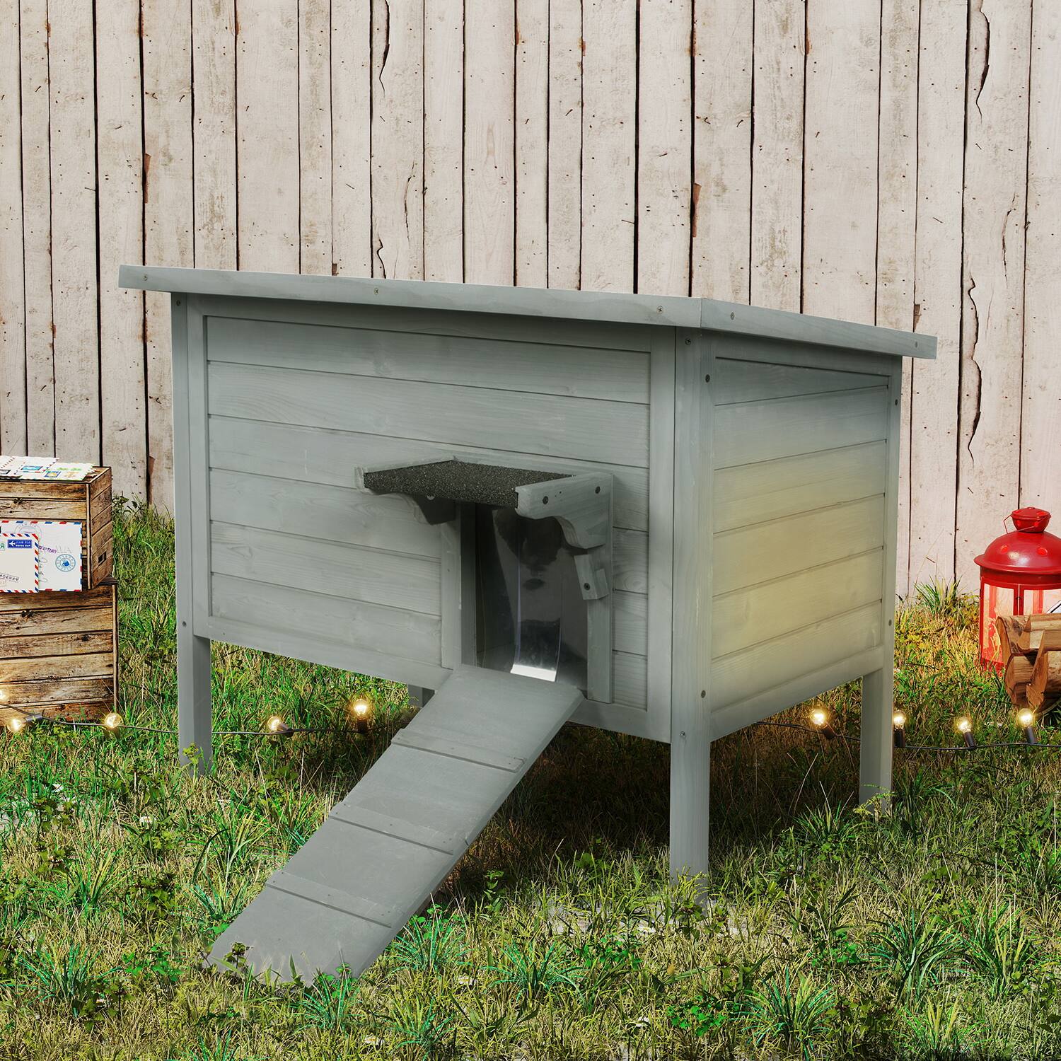 Alt View 3. FODINGHILL - Insulated Outdoor Cat House for Multiple Pets, Weatherproof Wood Shelter with Foldable Ladder & Acrylic Window, Grey.