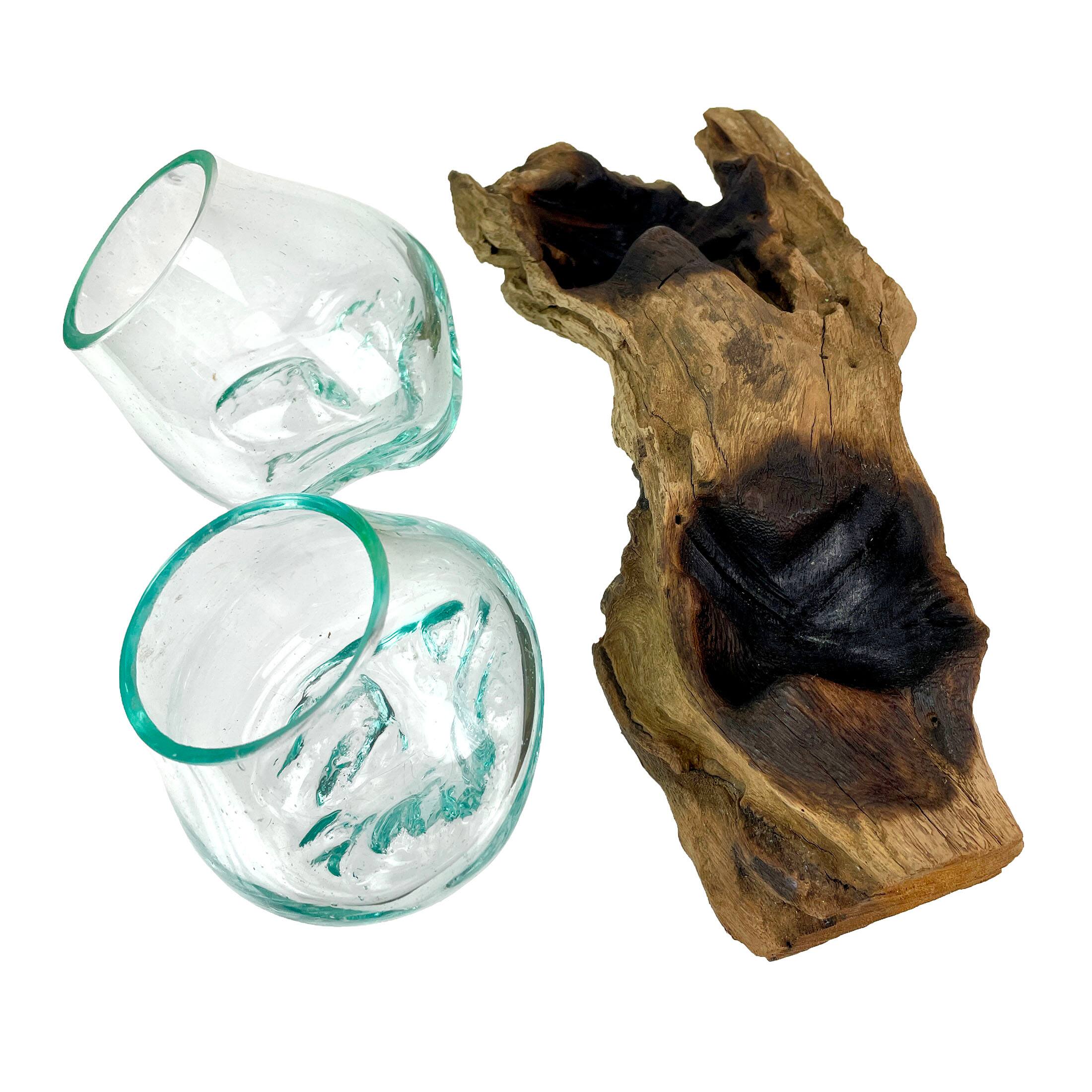 Alt View 9. Things2Die4 - 10.5" Double Molten Glass Bowls on Driftwood Hand Blown Planter Terrarium Decor - Natural.