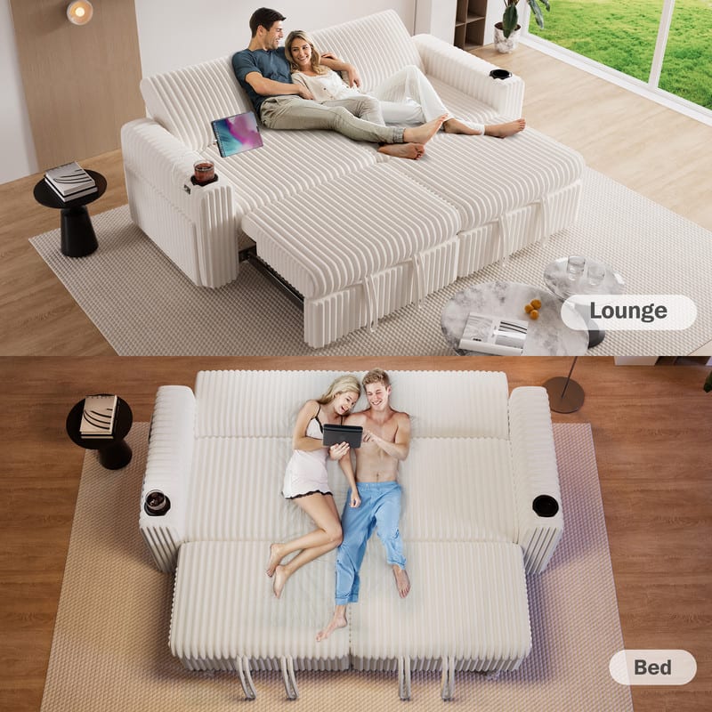 Dyonery - 91" Convertible Sofa Bed, 3-in-1 Sleeper Sofa with Pull-Out Bed, Couch Folding Loveseat, USB Ports & Adjustable Backrest - Beige