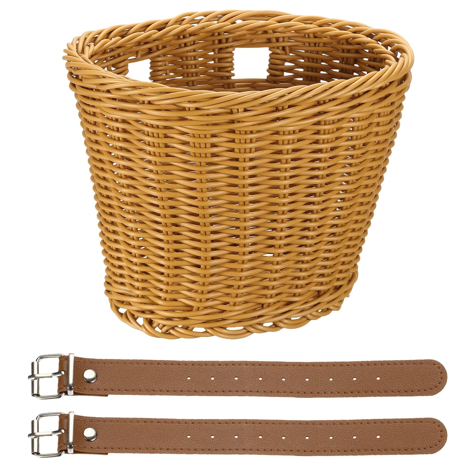 Unique Bargains - Bike Basket Front, Hand-Woven Bicycle Basket with Adjustable PU Belts, 1pc - Fits Most Road Bikes, Bicycles/Scooters - Brown