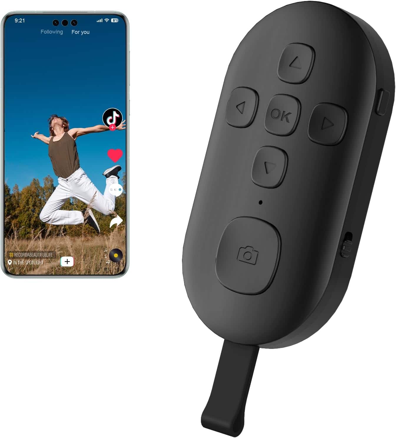 ACJPR - TIK Tok Bluetooth Remote, Page Turner & Camera Shutter for Smartphones/Tablets (Black)