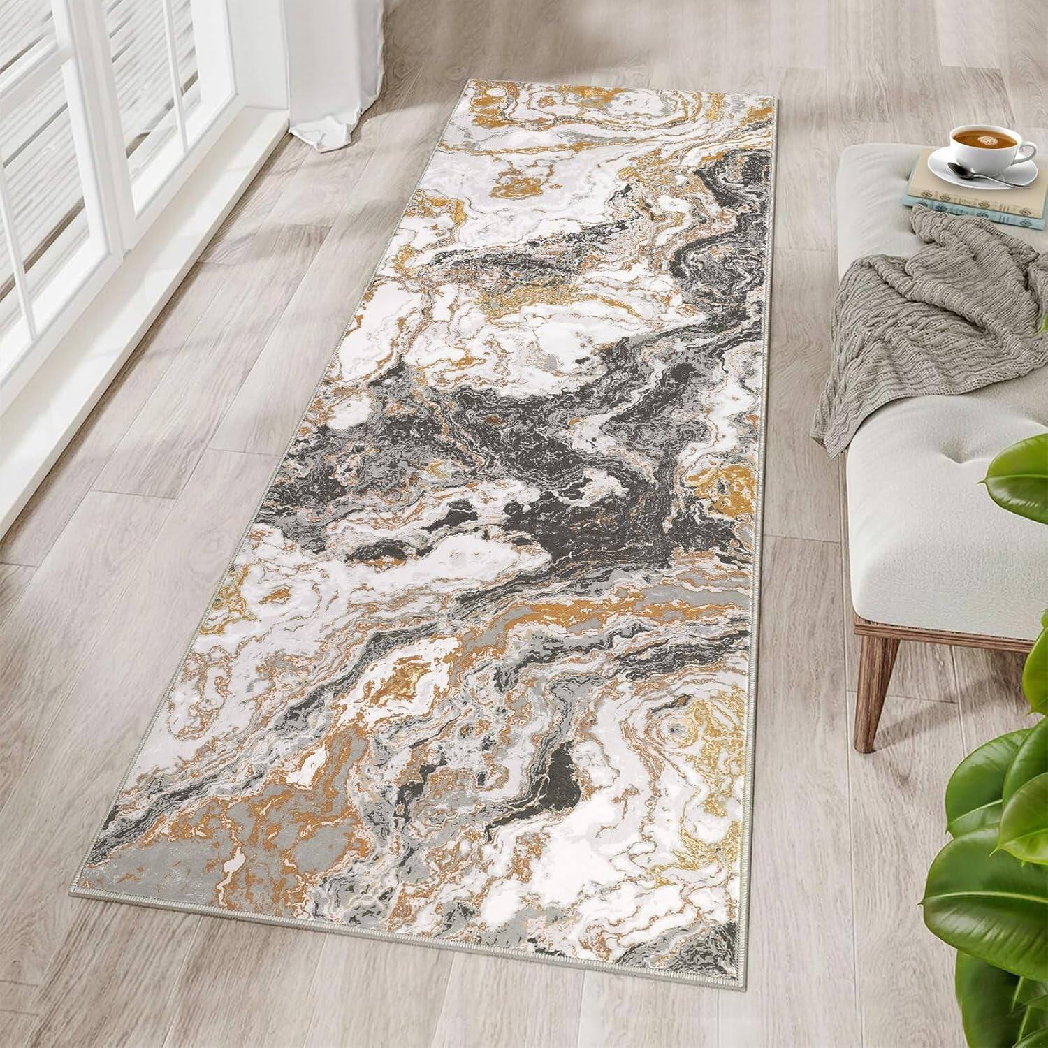 Front. Homhougo - 2 x 8 Abstract Marble Washable Runner Rug, Non-Slip for Kitchen & Hallways, Ultra-Thin Entryway Rug - Gray - Gray.