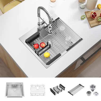 Front. Akicon - Akicon 25 in. Drop-in Single Bowl 20-Gauge Silver Nano-Coated Kitchen Sink with Grid, Strainer, Colander and Rollup Rack - Silver.