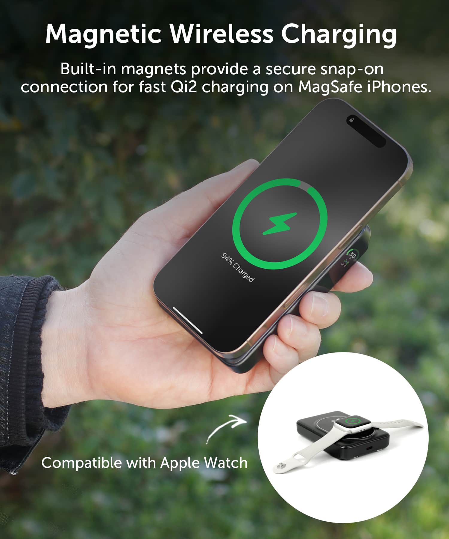 Magnetic Wireless Charging: Built-in magnets provide a secure snap-on connection for fast Qi2 charging on MagSafe iPhones. 94% charged in 30 minutes. Compatible with Apple Watch.