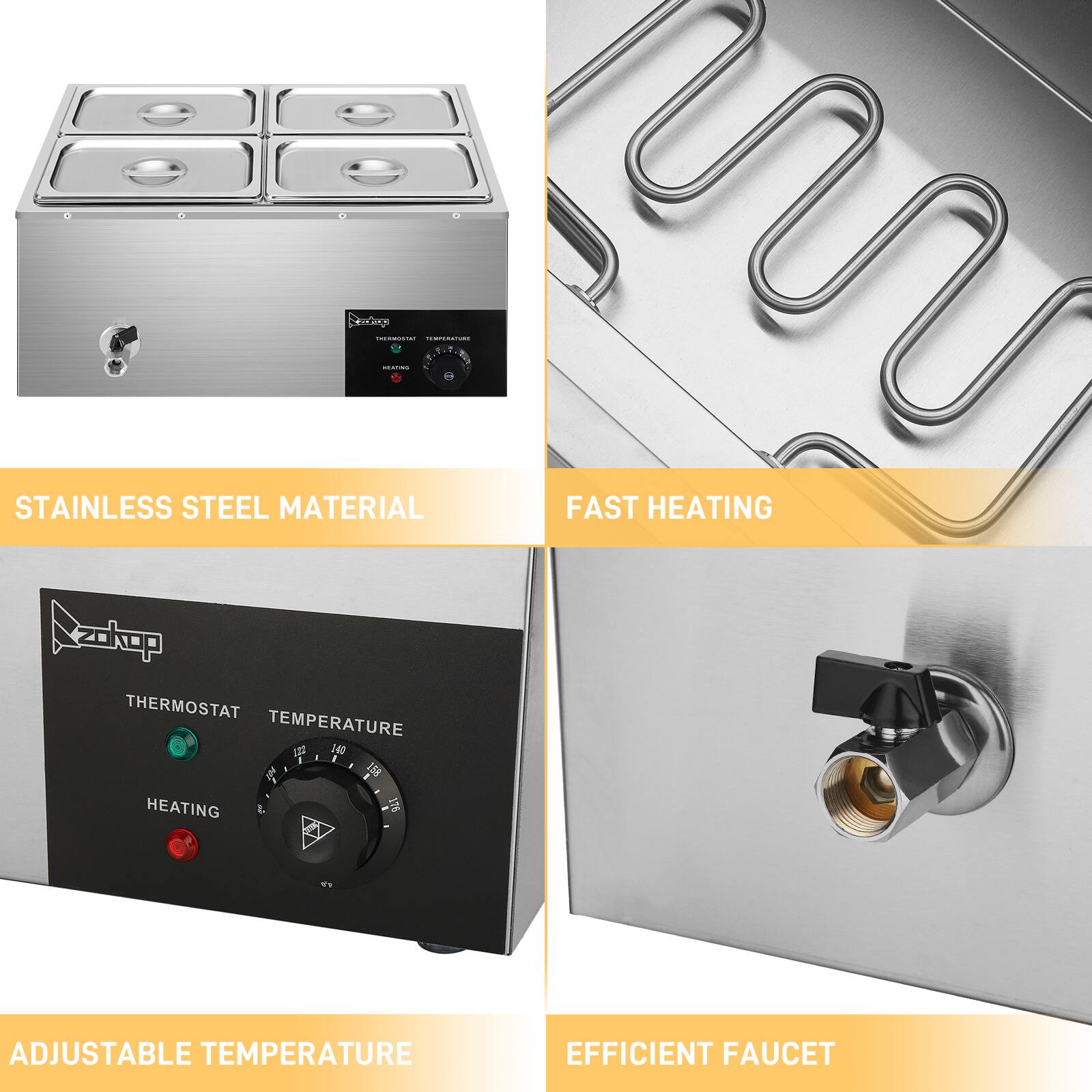 STAINLESS STEEL MATERIAL

FAST HEATING

ADJUSTABLE TEMPERATURE

EFFICIENT FAUCET