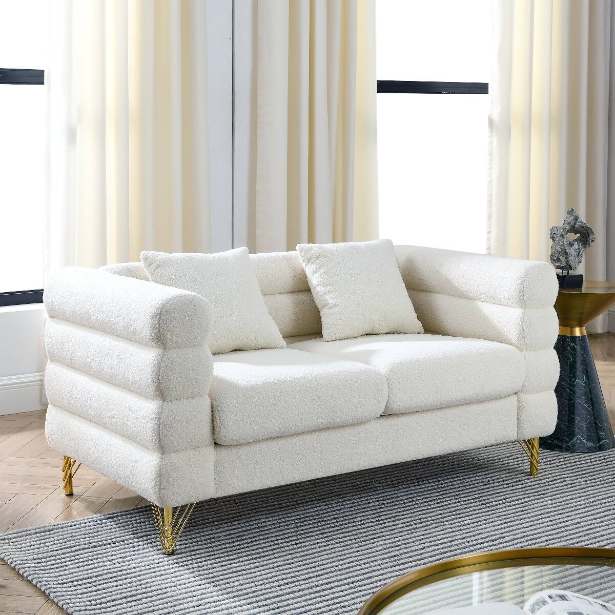 Angle. Ropilly - Ropilly 60 Inch 2 Seater Sofa Ivory Teddy Upholstery Deep Seating for Living Room Bedroom - Ivory.