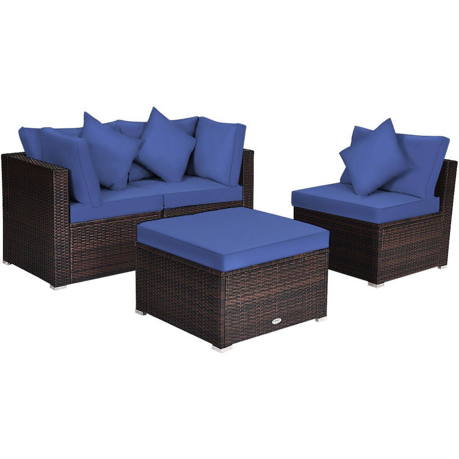 Back. Kadyn - 4 Pieces Ottoman Garden Patio Rattan Wicker Furniture Set with Cushion-Navy, Patio Seating Conversation Set - Blue.