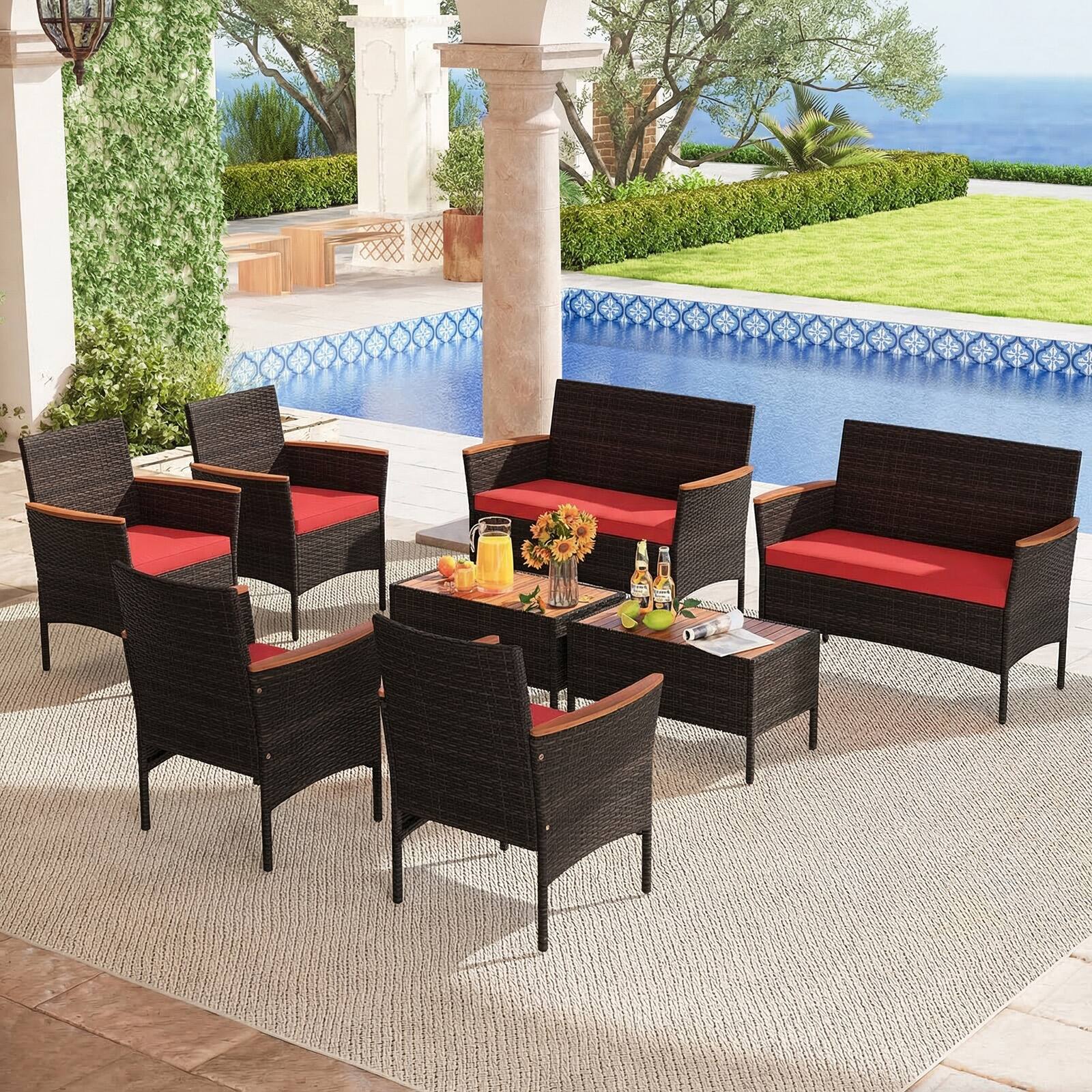 Alt View 1. Gymax - Gymax 8 PCS Patio Wicker Sofa Set w/ Coffee Table Acacia Wood Armrests & Tabletop Mix Brown & Red - Red.