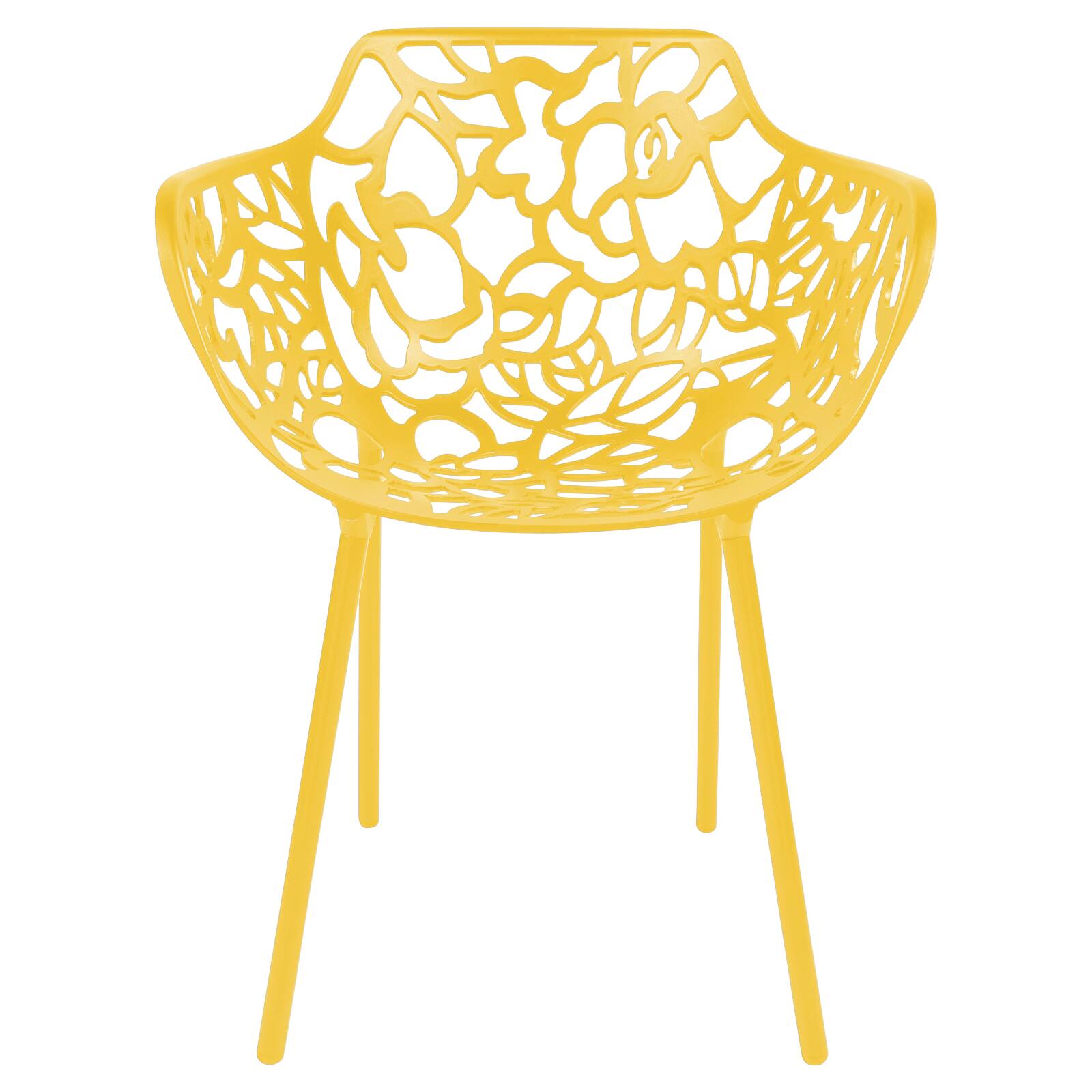 Left. LeisureMod - Devon (Set of 4) Aluminum Outdoor Dining Chair - UV & Rust Resistant Stackable Floral Accent Chair - Yellow.