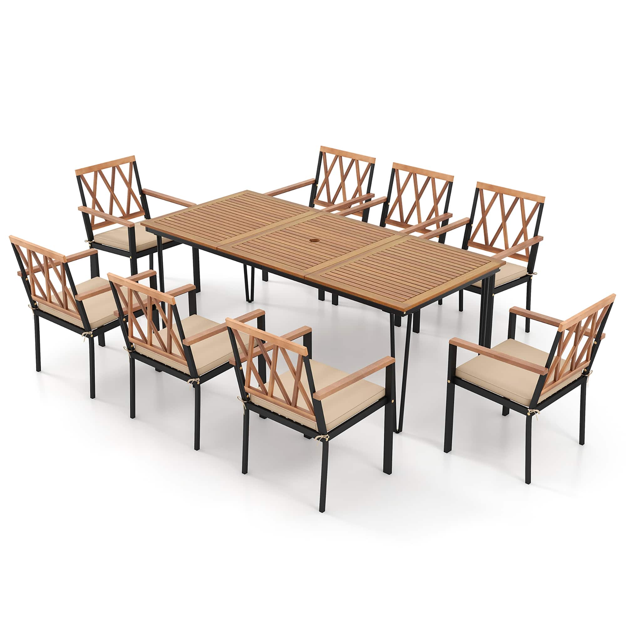 Gymax - 9 PCS Patio Dining Set Rectangular Dining Table w/ Acacia Wood Top Umbrella Hole - Natural, Black price history on PriceWatchPro