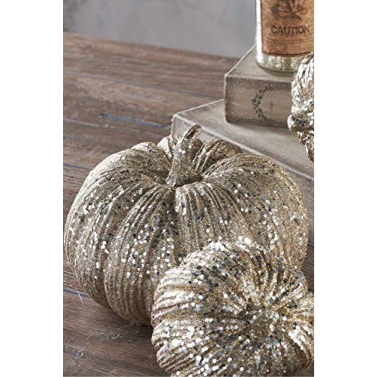 Angle. K&K Interiors - K&K Interiors Champagne Glitter Pumpkin Display Piece Home Decoration 6 x 8 inch - Champagne.