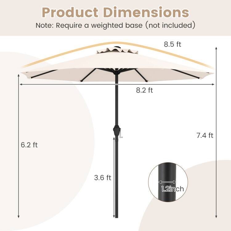 Product Dimensions  
Note: Require a weighted base (not included)  
8.5 ft  
8.2 ft  
6.2 ft  
7.4 ft  
3.6 ft  
1.2 inch