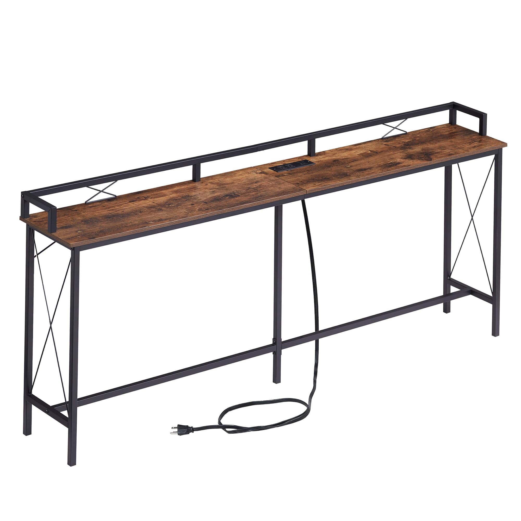 Vecelo - Console Table 71”, Industrial Entryway Table With charging socket, Narrow Entrance Sofa Table with Shelves - Brown