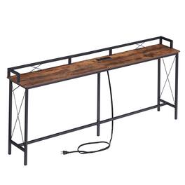 Vecelo - Console Table 71”, Industrial Entryway Table With charging socket, Narrow Entrance Sofa Table with Shelves - Brown