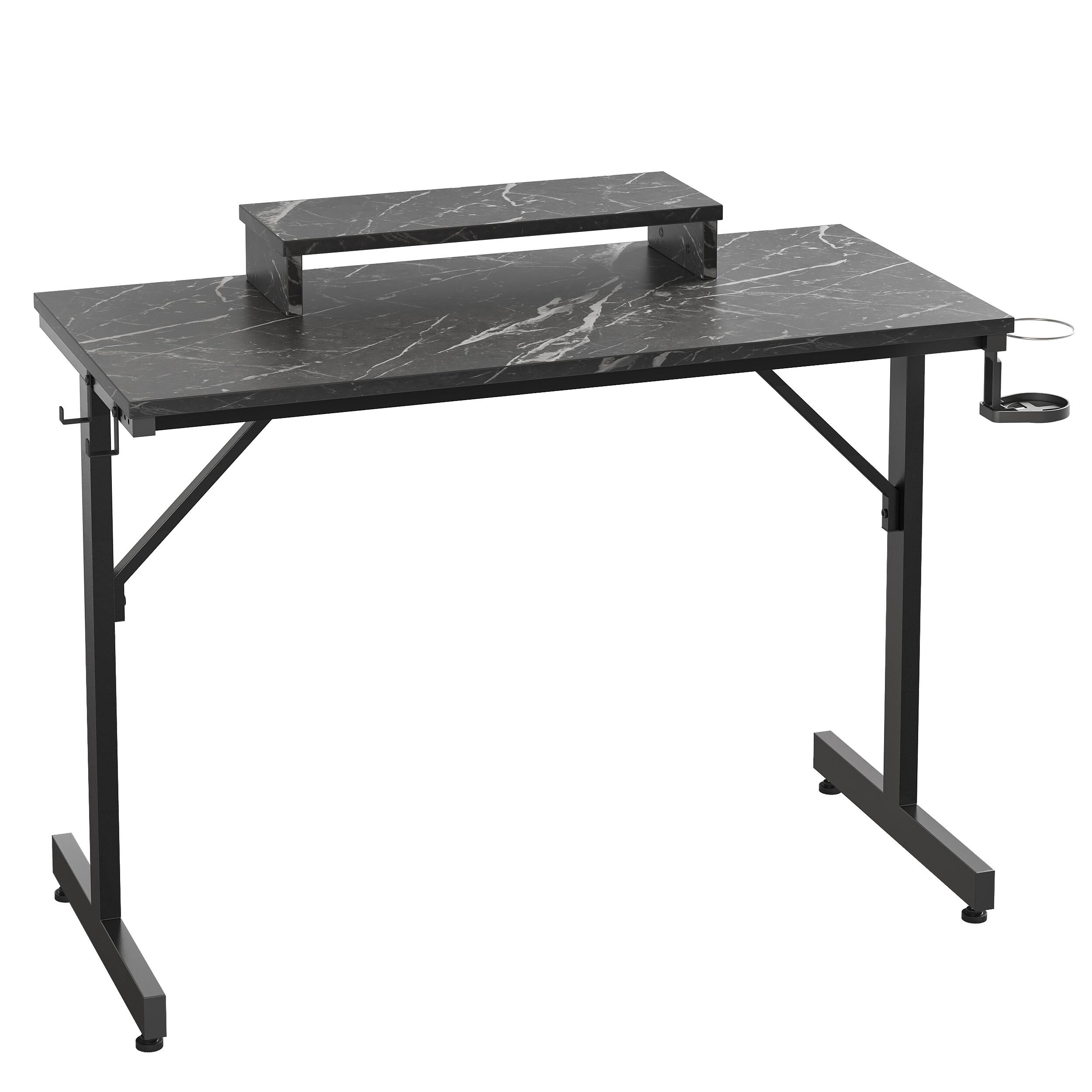 Angle. Bestier - 42-inch Gaming Desk with RGB Lights, Ergonomic Monitor Stand & Accessory Hooks - Black Marble.