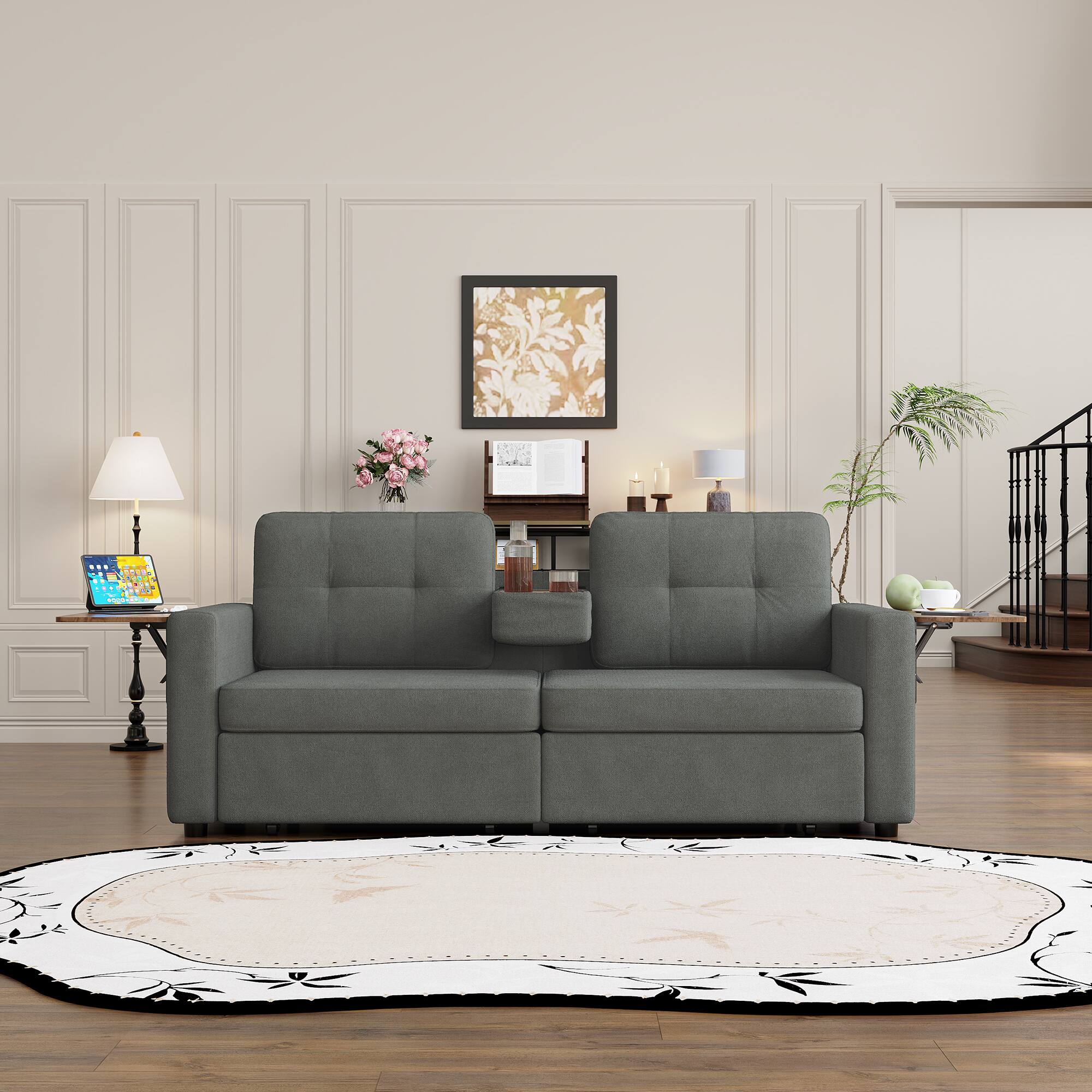 Angle. Anysun - 70.08" Chenille Fabric Loveseat Sofa with Pull-Out Storage Drawers, Foldable Side Tables & Cup Holder Console - Gray.