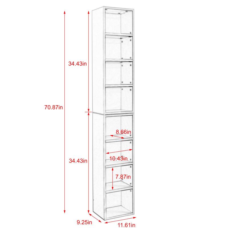 - Height: 70.87in
- Width: 34.43in
- Depth: 11.61in
- Shelf 1: 9.25in
- Shelf 2: 7.87in
- Shelf 3: 10.43in
- Shelf 4: 8.66in