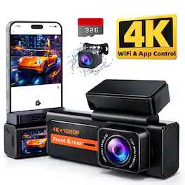 E-YEEGER - 4K/1080P Dual Dash Cam, 160° Wide-Angle, Night Vision, Wi-Fi, App Control, 1.47" IPS Display, FREE 32GB SD - Black