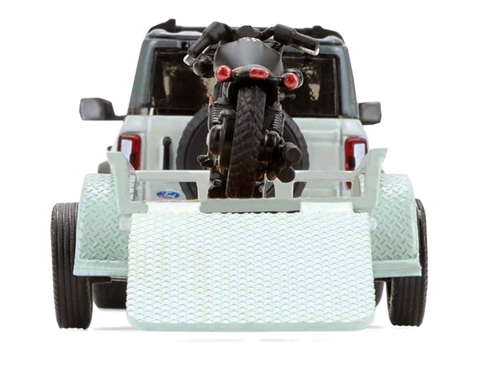 Alt View 5. Greenlight - 2021 Ford Bronco 4-Door Badlands Cactus Gray with Black Top and Motorcycle with Trailer 1/64 Model Cars by Greenlight.