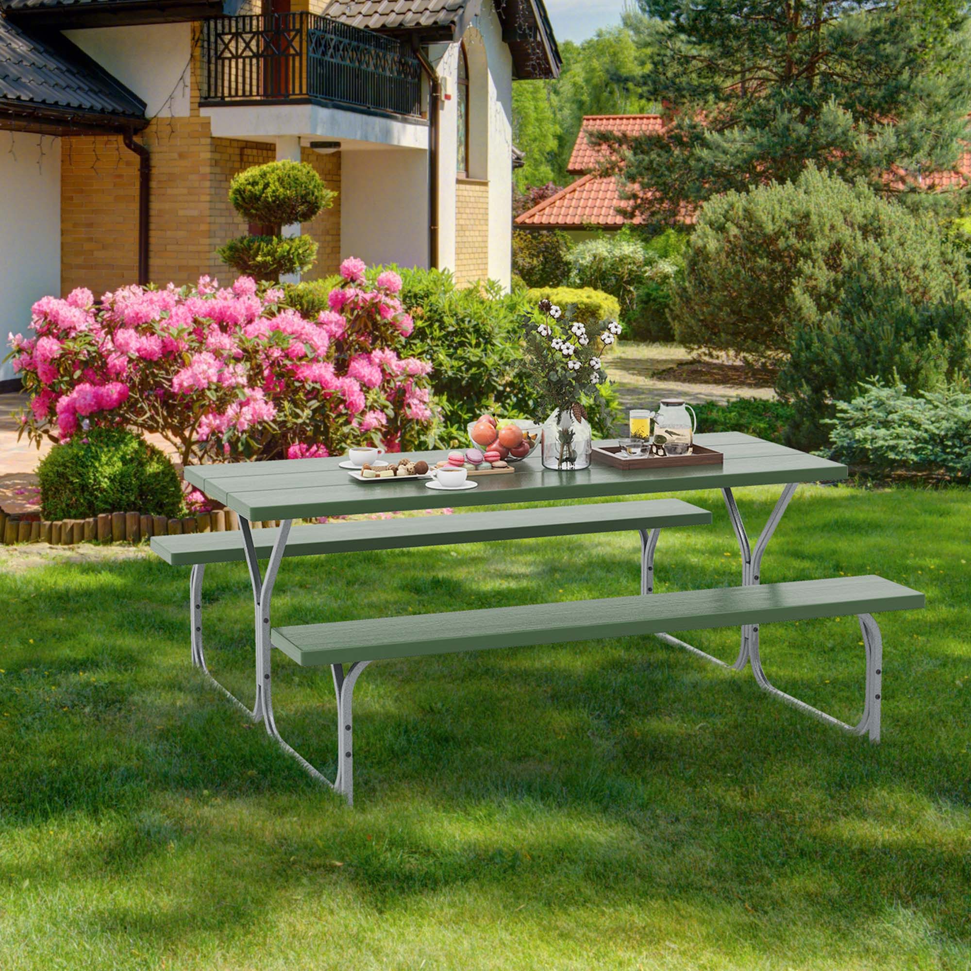 Costway 6 FT Picnic Table Bench Set Outdoor Dining Table & 2 Benches ...