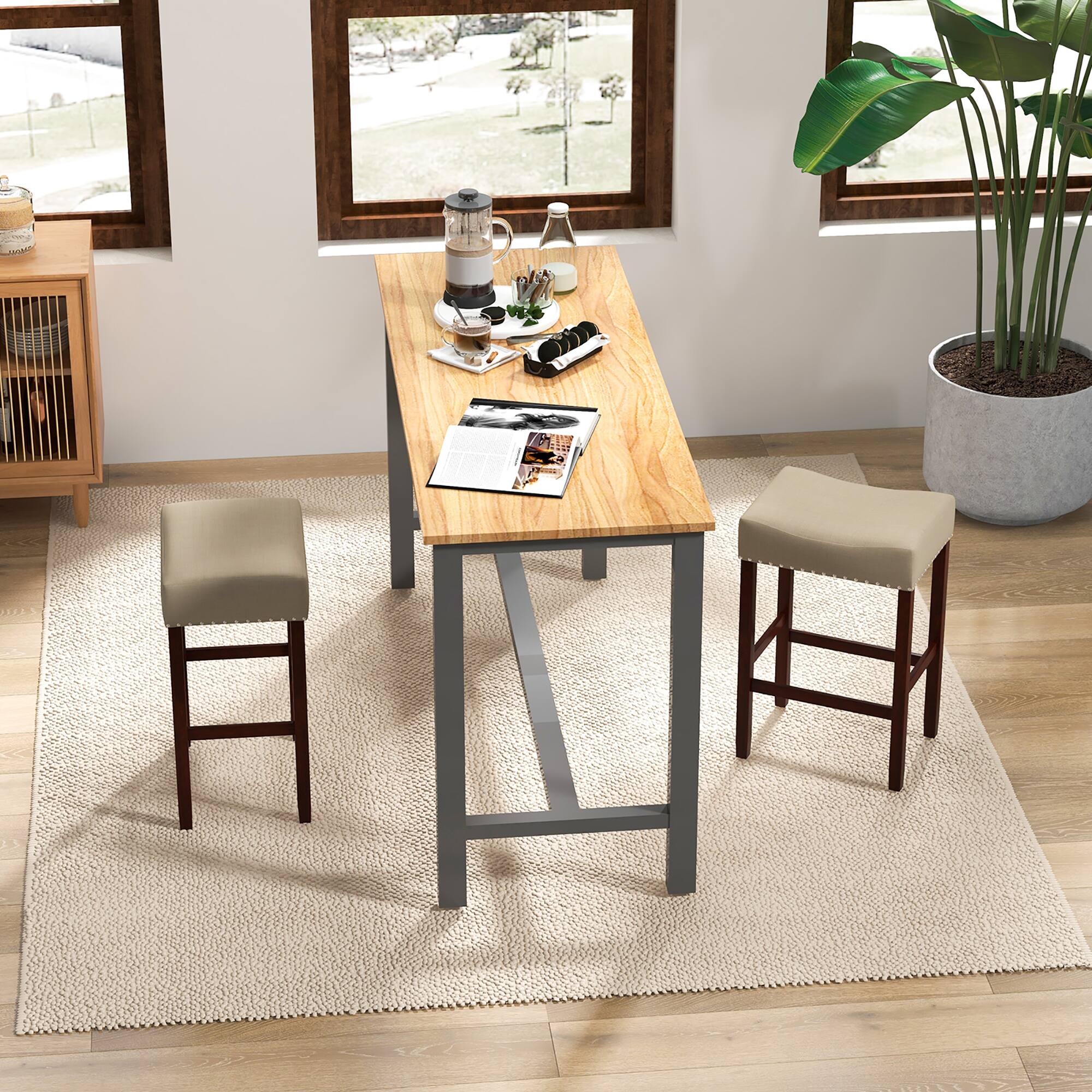 Alt View 2. Costway - Set of 2 Bar Stools Counter Height Saddle Kitchen Chairs with Wooden Legs - Beige/Brown.